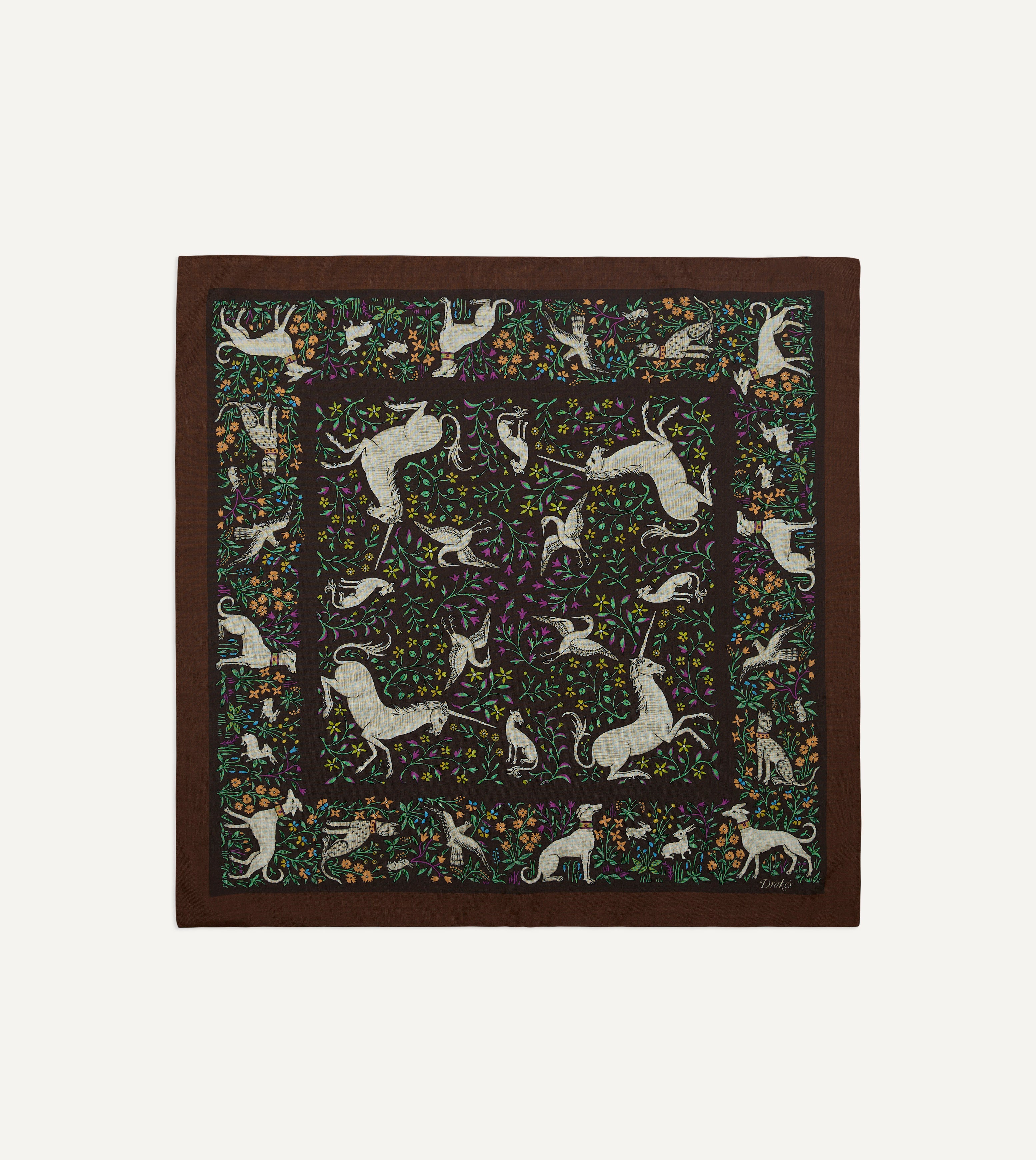 Brown Unicorn Print Wool-Silk Bandana