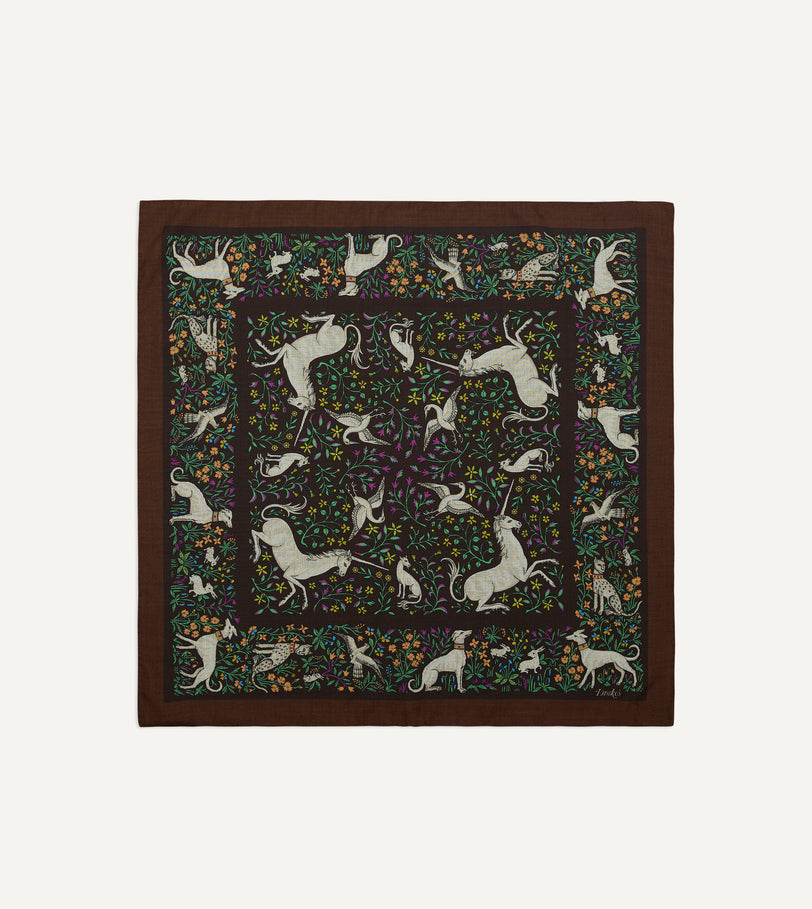 Brown Unicorn Print Wool-Silk Bandana