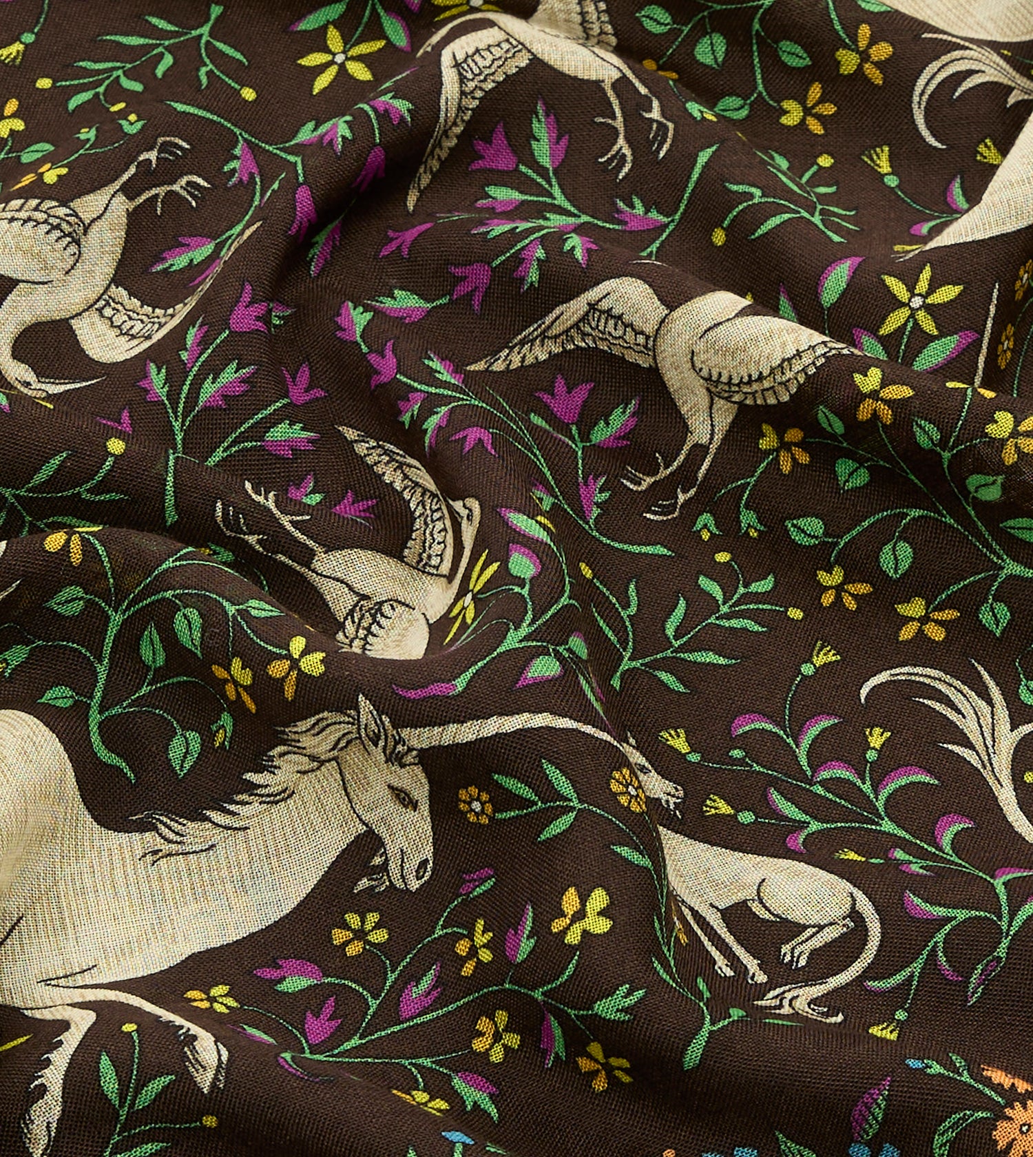 Brown Unicorn Print Wool-Silk Bandana