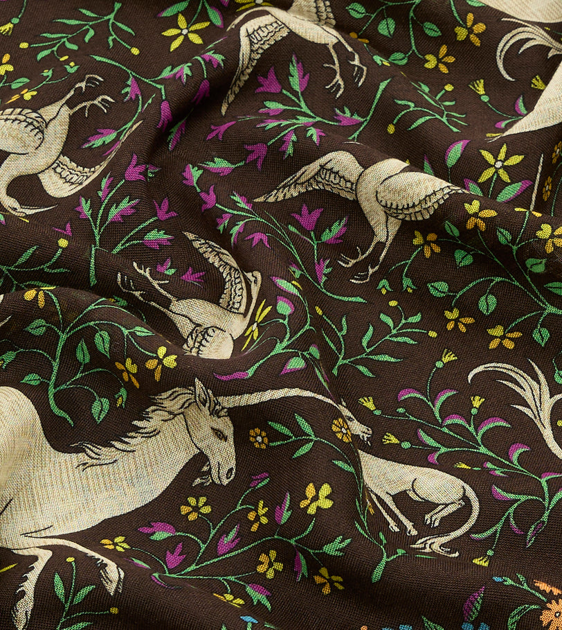 Brown Unicorn Print Wool-Silk Bandana