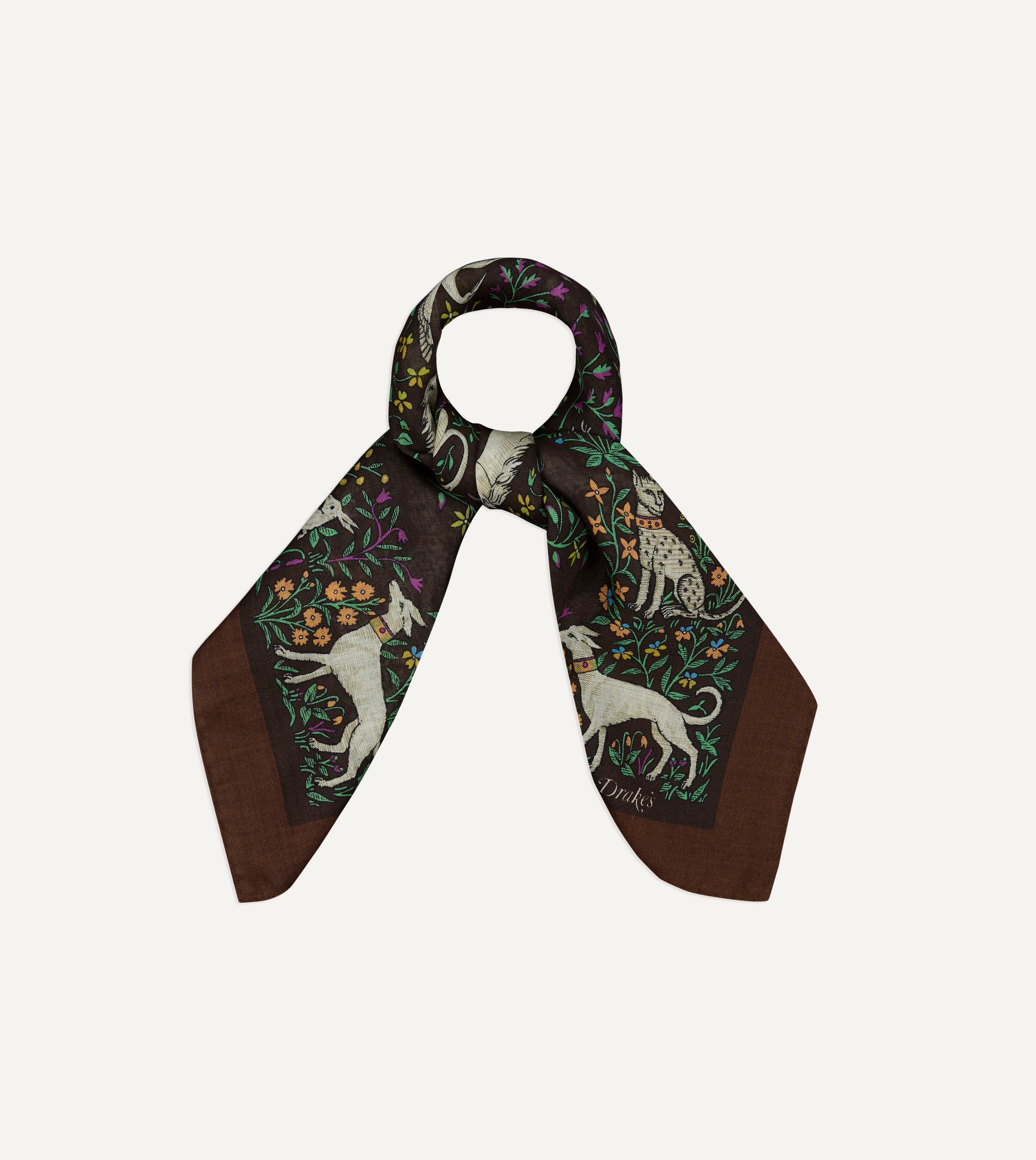 Brown Unicorn Print Wool-Silk Bandana
