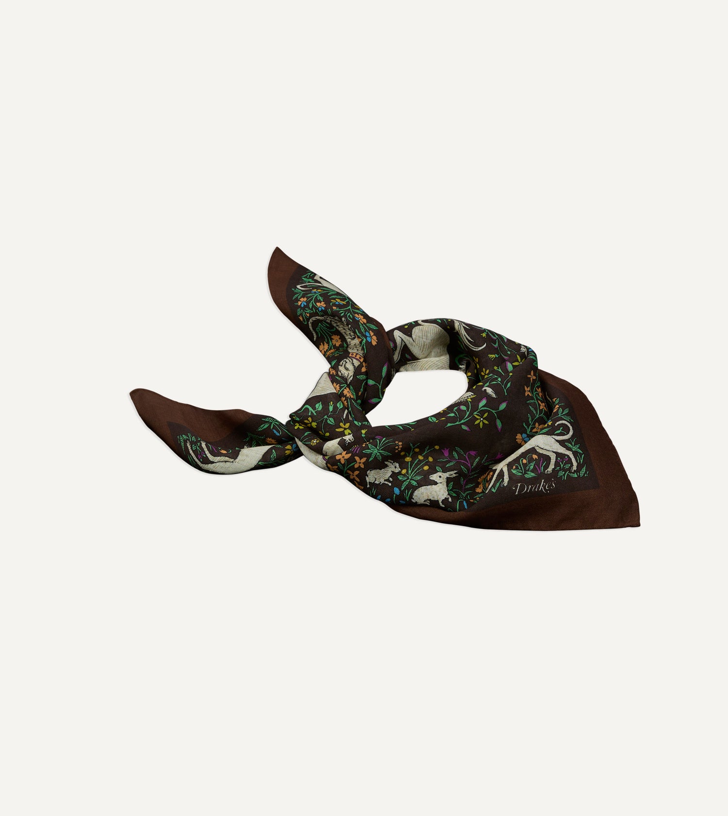 Brown Unicorn Print Wool-Silk Bandana