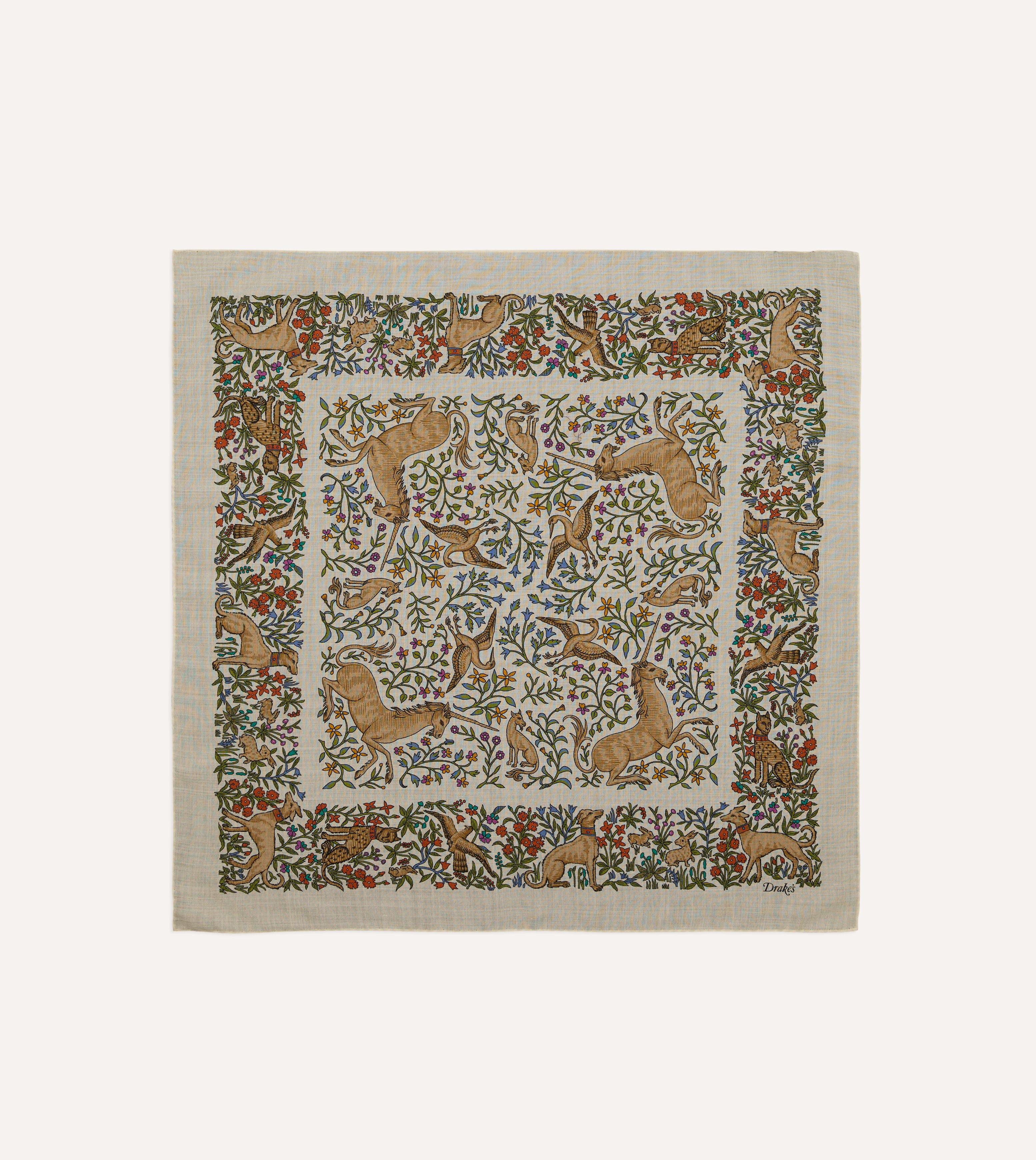 Ecru Unicorn Print Wool-Silk Bandana