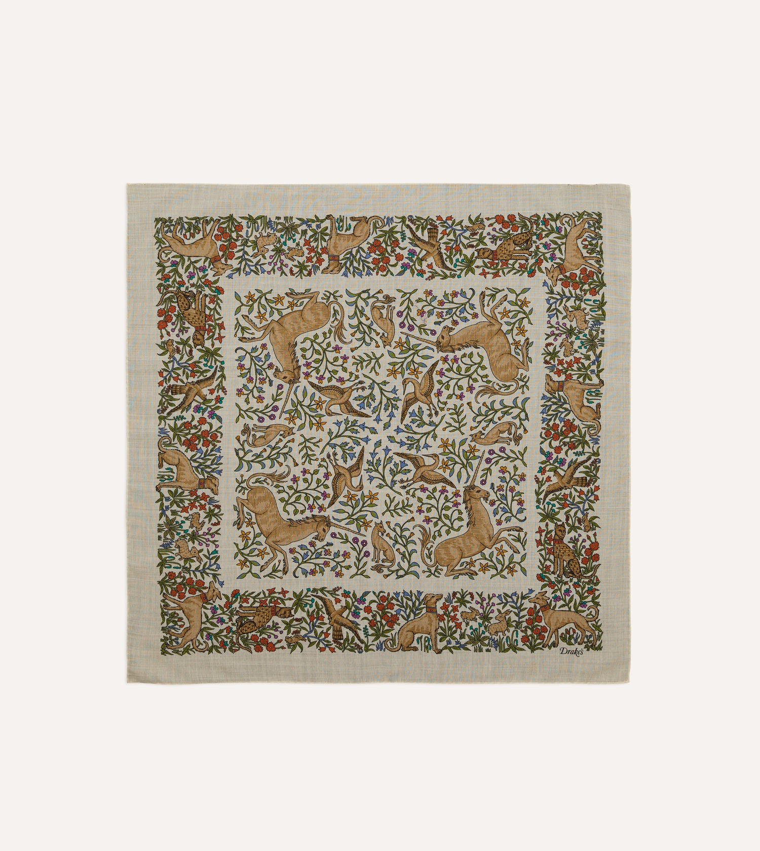 Ecru Unicorn Print Wool-Silk Bandana