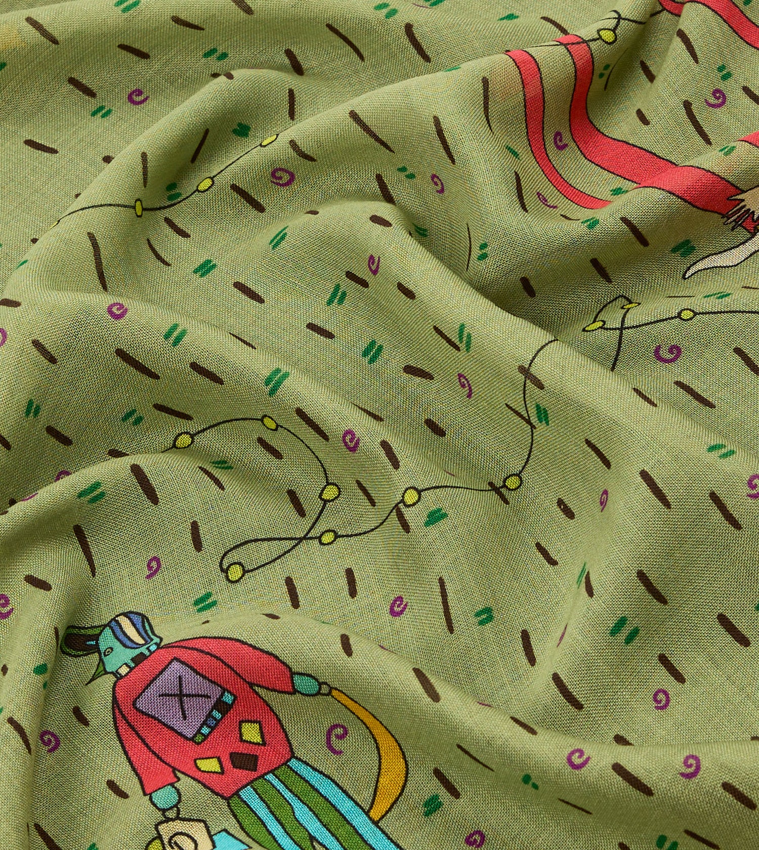 Olive Acrobat Print Wool-Silk Bandana