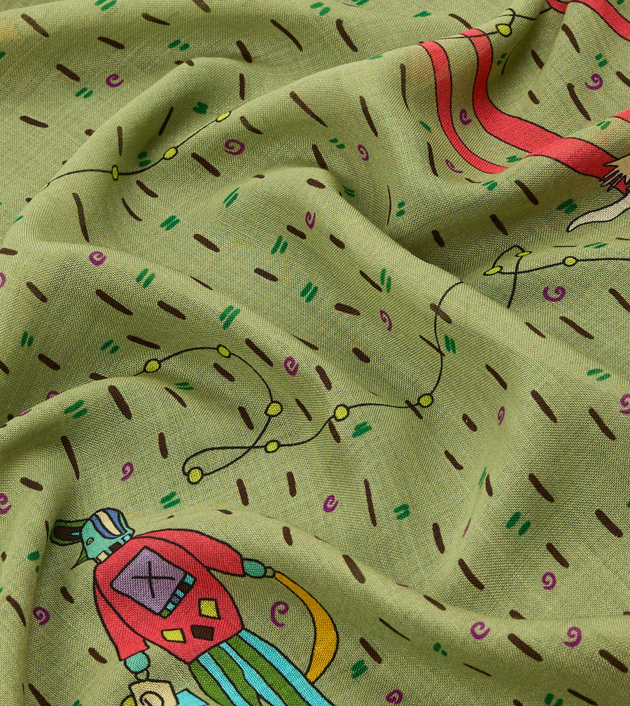 Olive Acrobat Print Wool-Silk Bandana