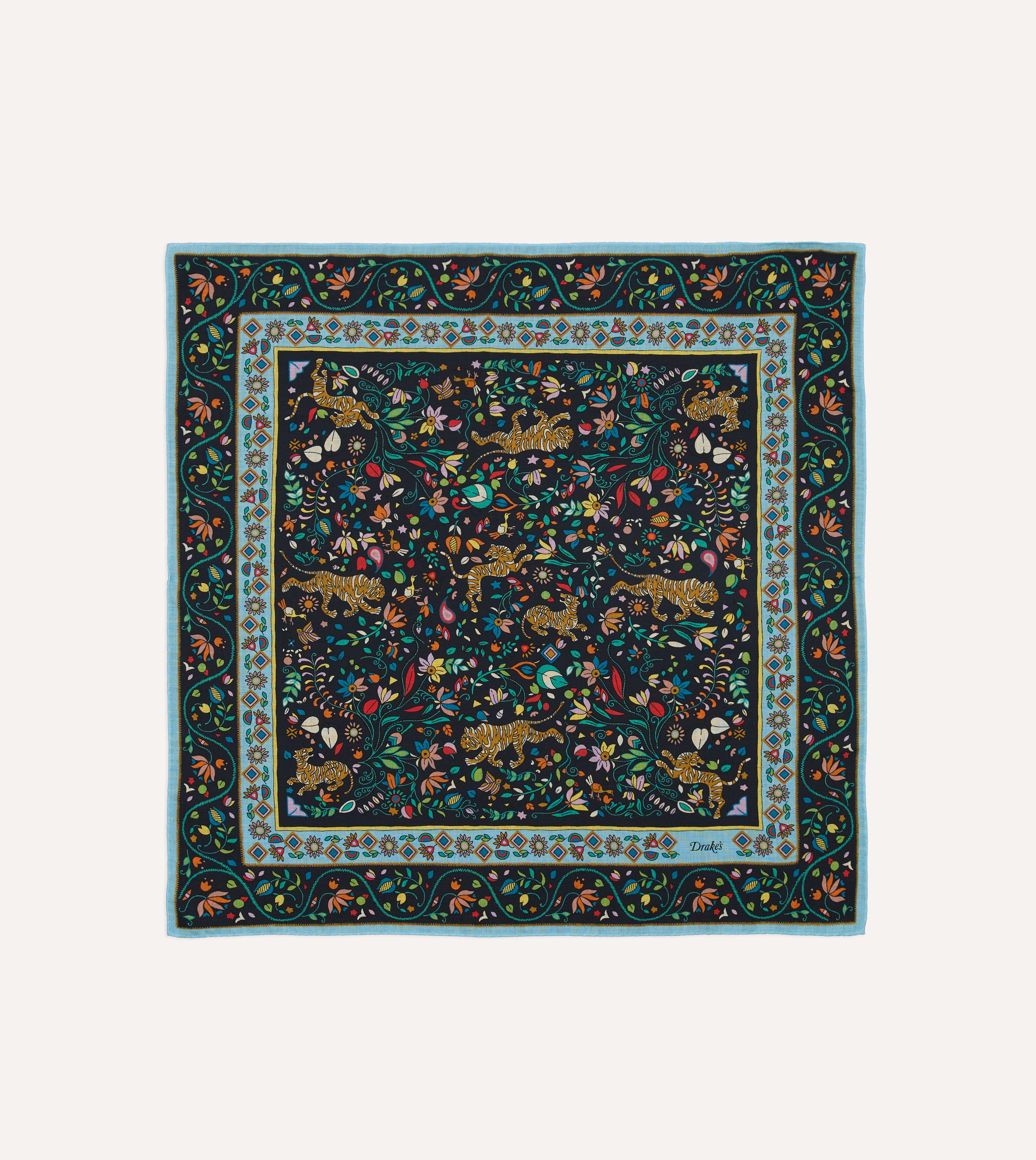 Navy Tiger Garden Print Wool-Silk Bandana – Drakes US