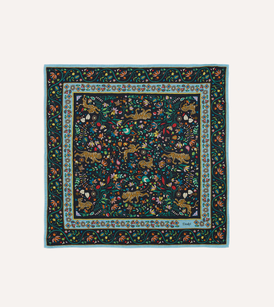 Navy Tiger Garden Print Wool-Silk Bandana