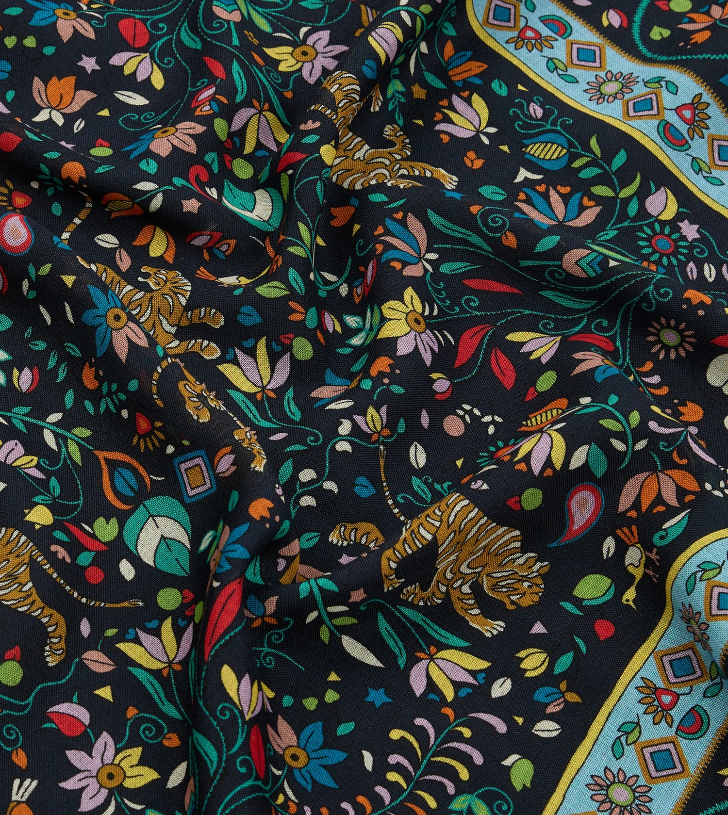 Navy Tiger Garden Print Wool-Silk Bandana