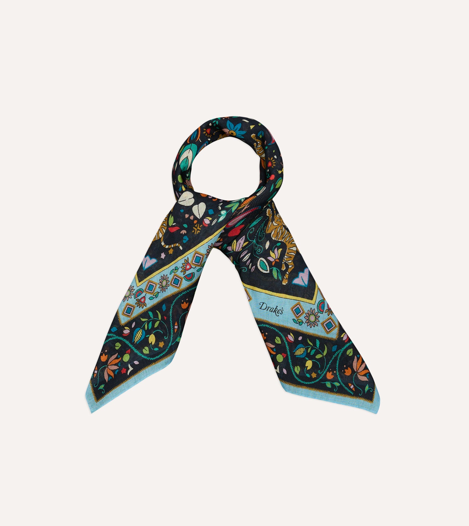 Navy Tiger Garden Print Wool-Silk Bandana
