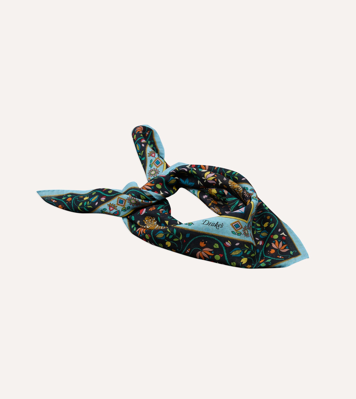 Navy Tiger Garden Print Wool-Silk Bandana