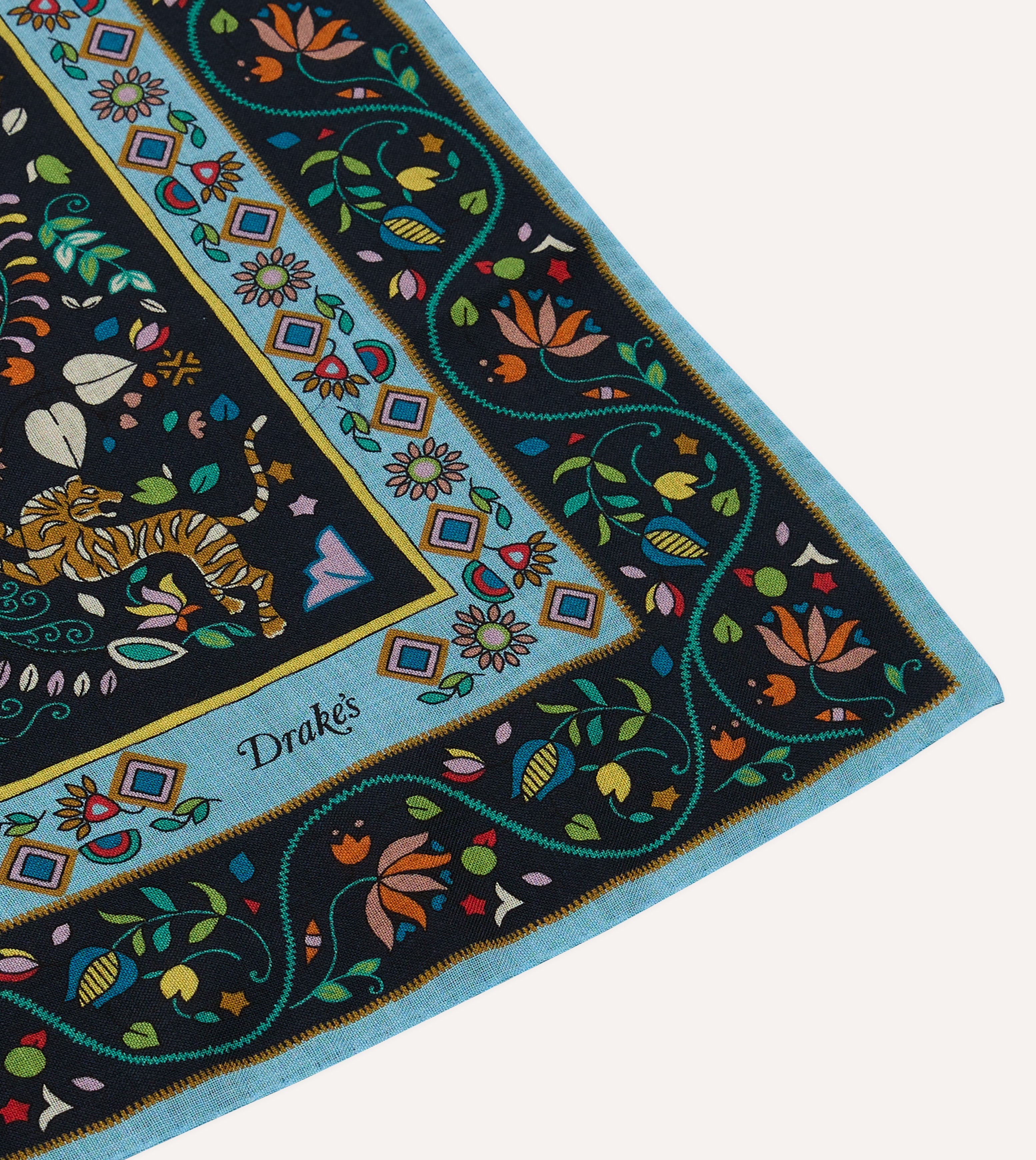 Navy Tiger Garden Print Wool-Silk Bandana – Drakes US