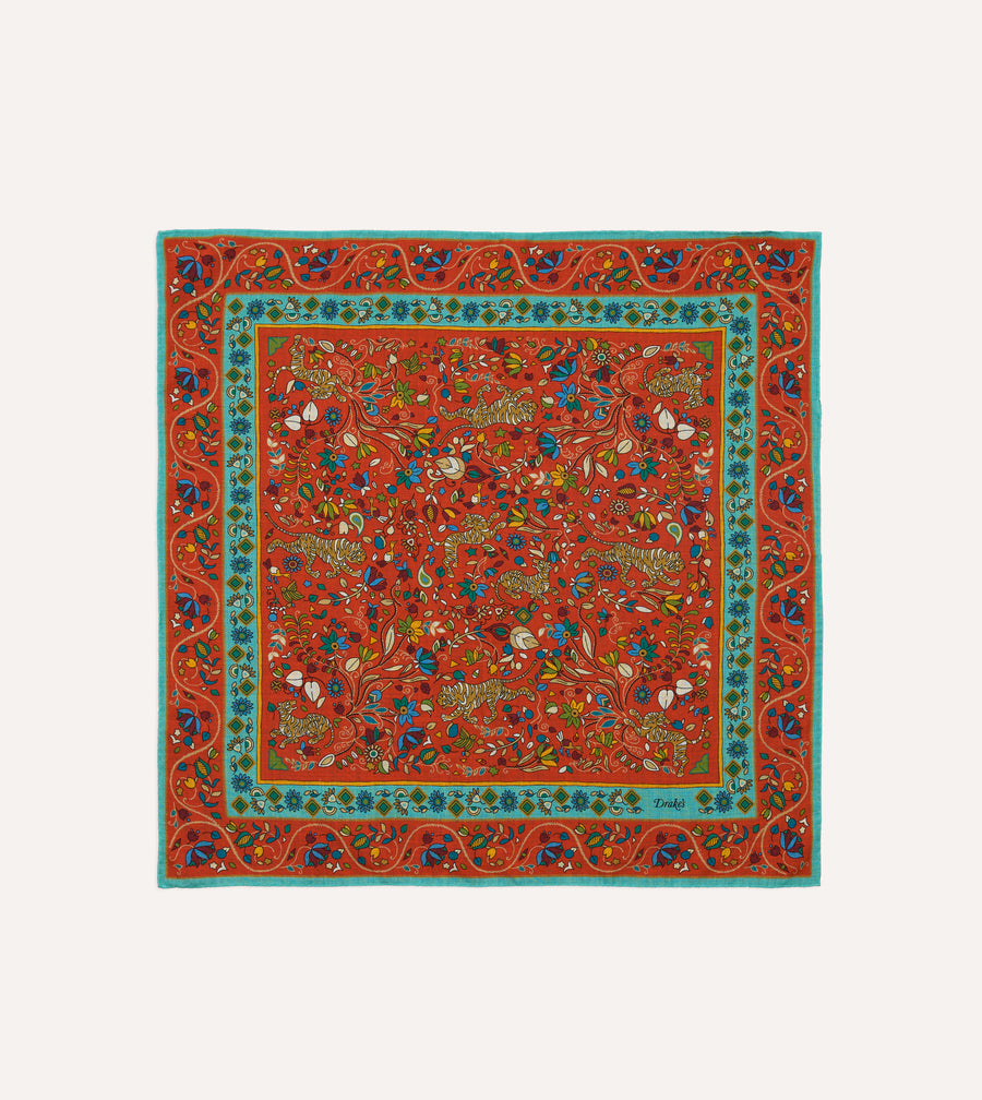 Red Tiger Garden Print Wool-Silk Bandana