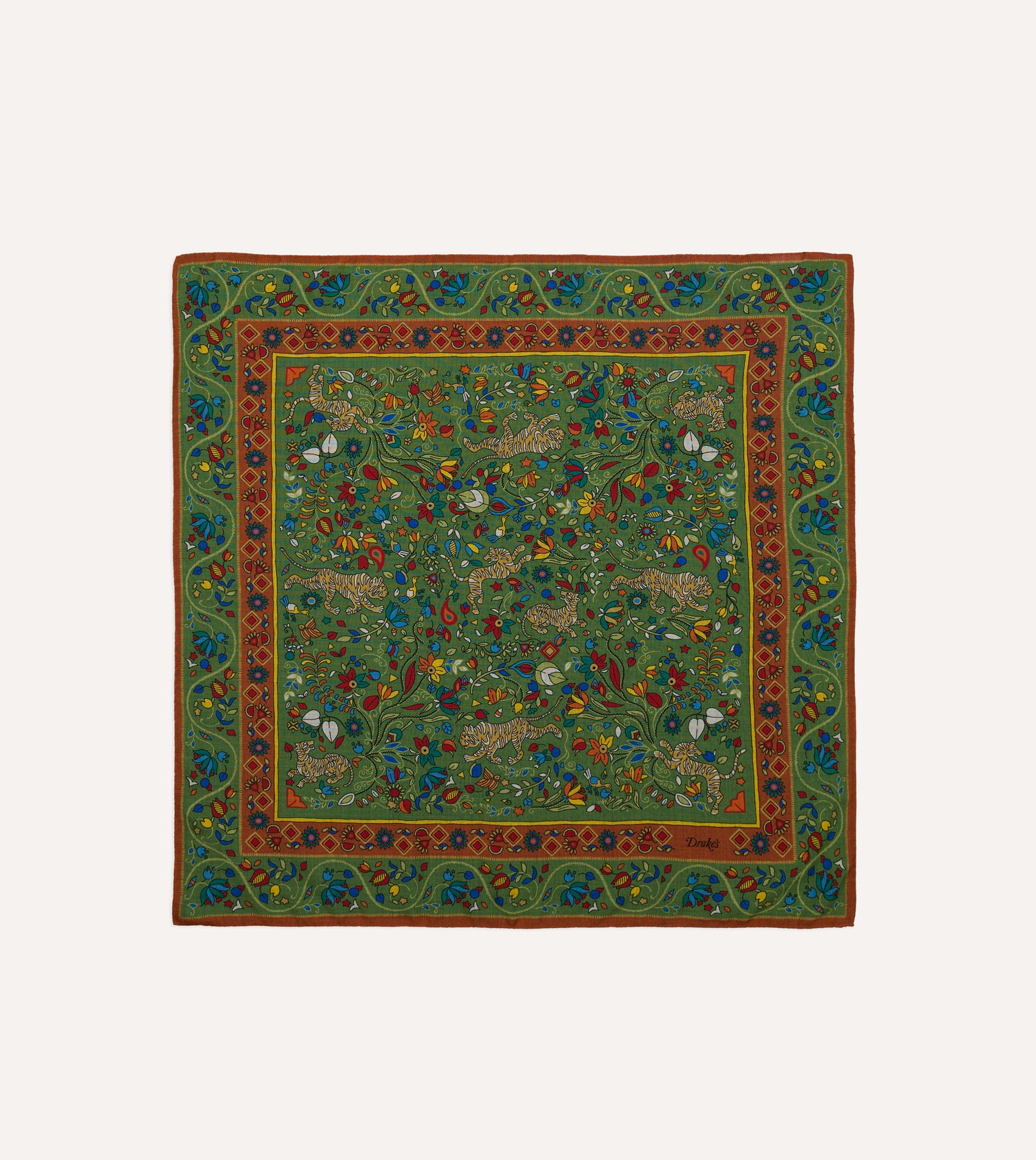 Green Tiger Garden Print Wool-Silk Bandana