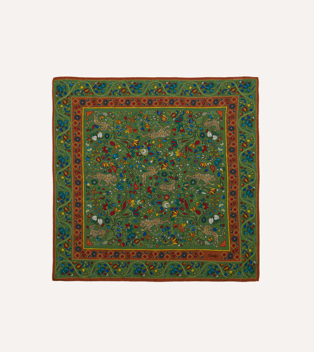 Green Tiger Garden Print Wool-Silk Bandana – Drakes US
