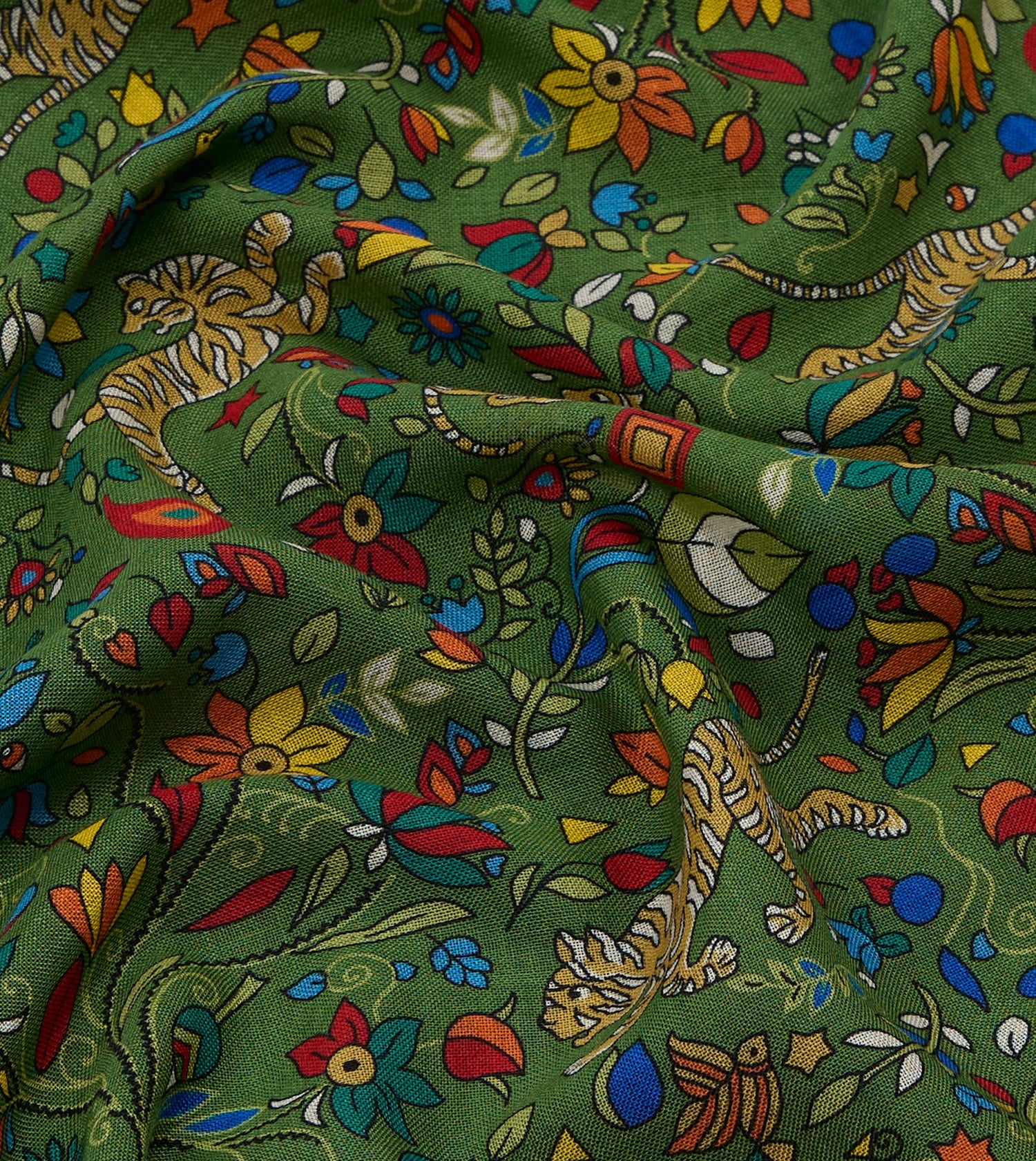 Green Tiger Garden Print Wool-Silk Bandana