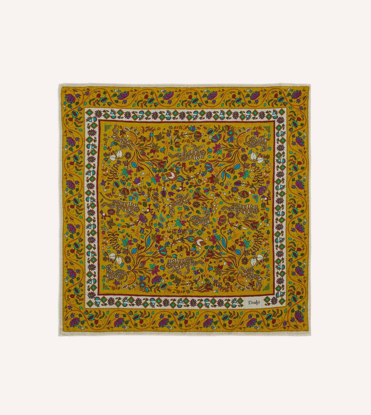 Yellow Tiger Garden Print Wool-Silk Bandana
