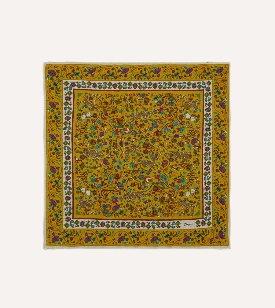 Yellow Tiger Garden Print Wool-Silk Bandana