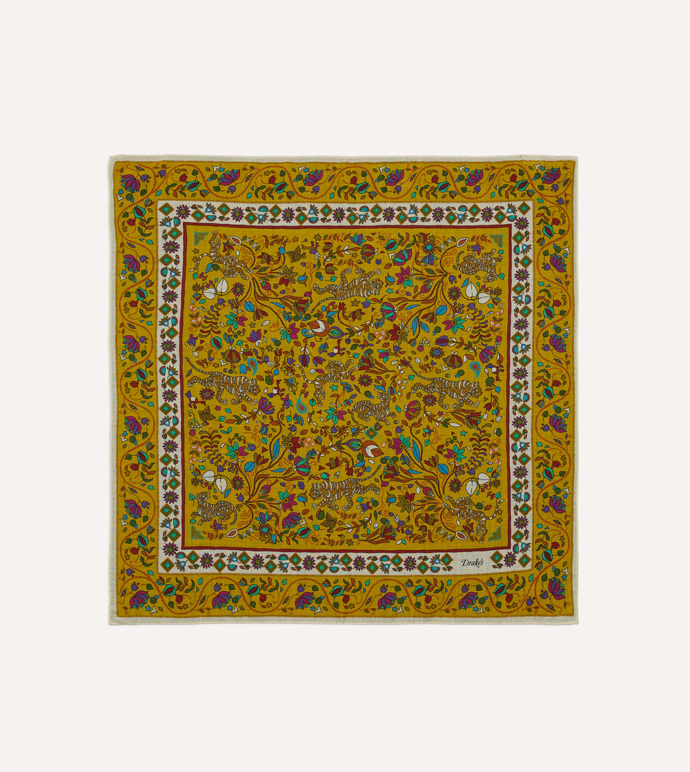 Yellow Tiger Garden Print Wool-Silk Bandana
