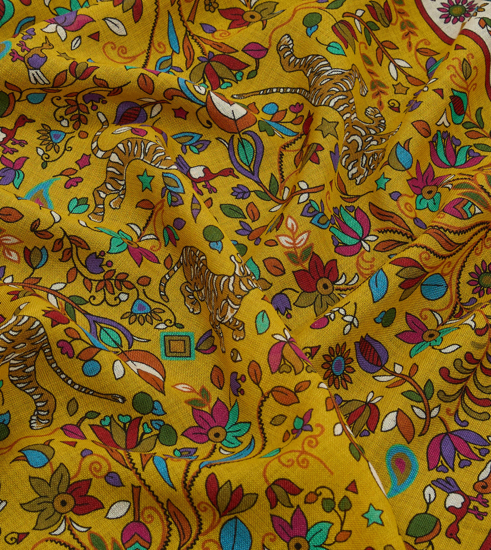 Yellow Tiger Garden Print Wool-Silk Bandana
