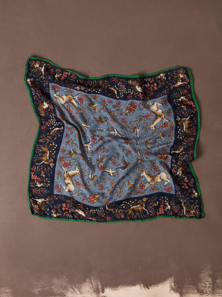 Navy Unicorn Tapestry Print Wool-Silk Bandana