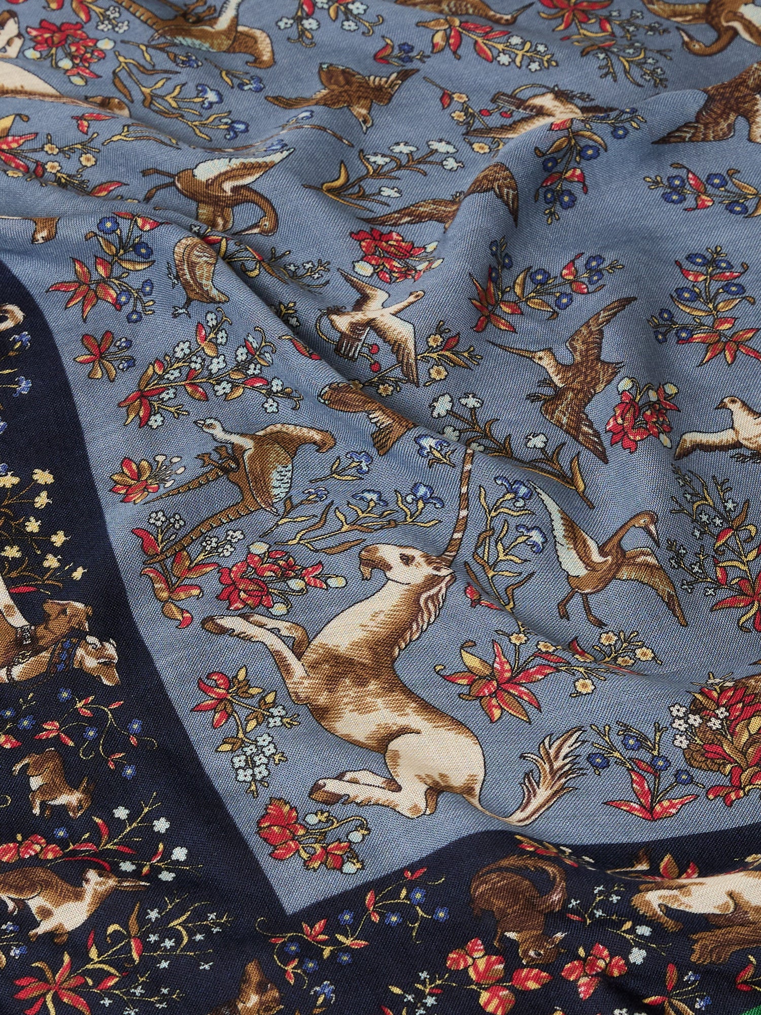 Navy Unicorn Tapestry Print Wool-Silk Bandana