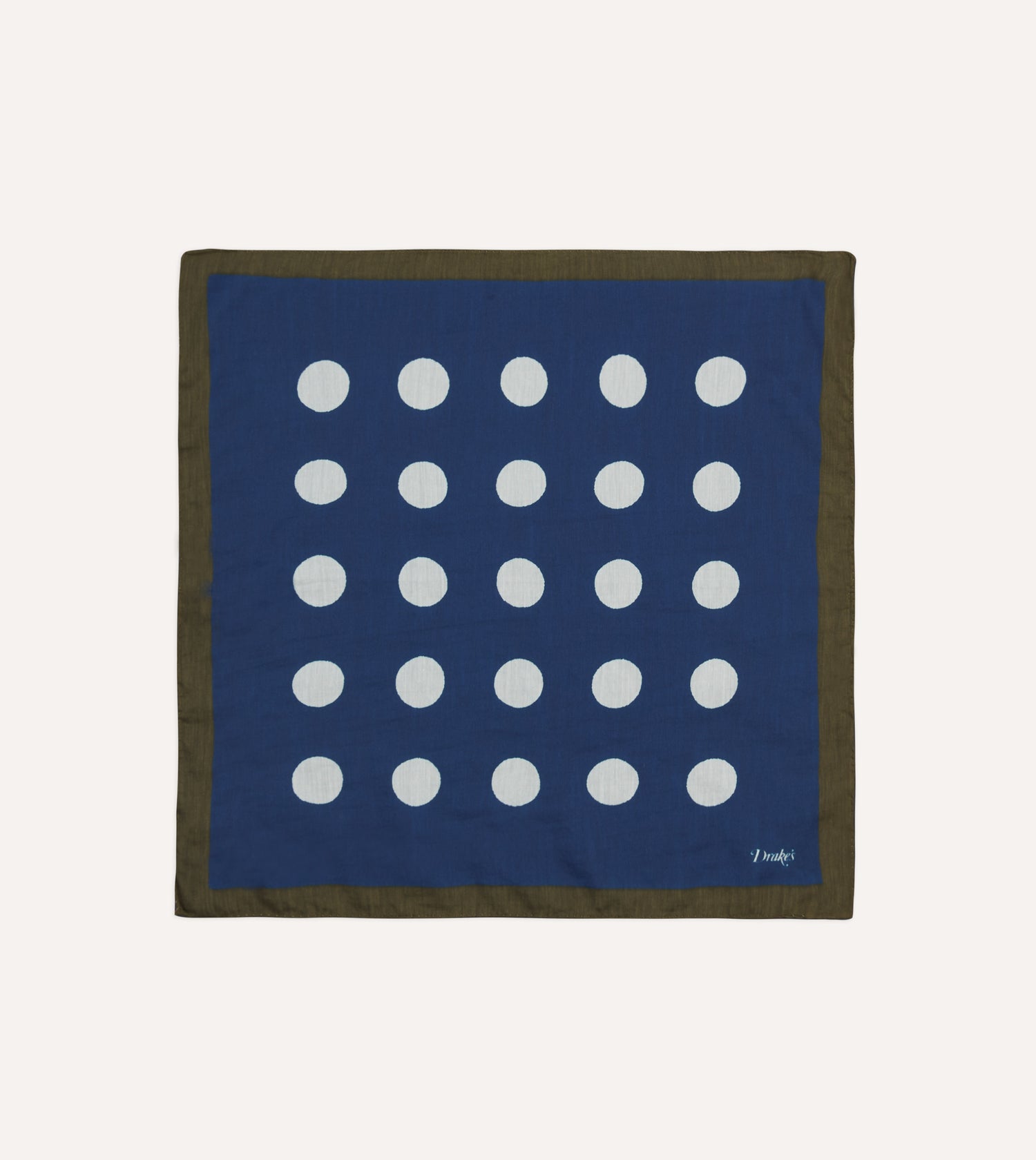 Olive, Navy and Ecru Large Spots Print Cotton-Silk Pocket Square