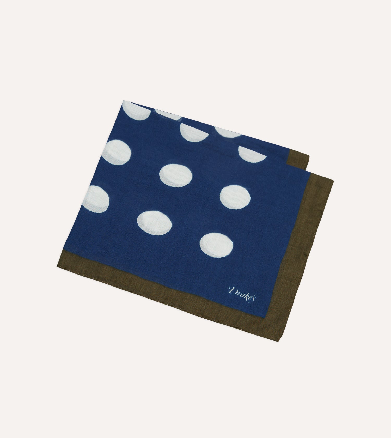 Olive, Navy and Ecru Large Spots Print Cotton-Silk Pocket Square