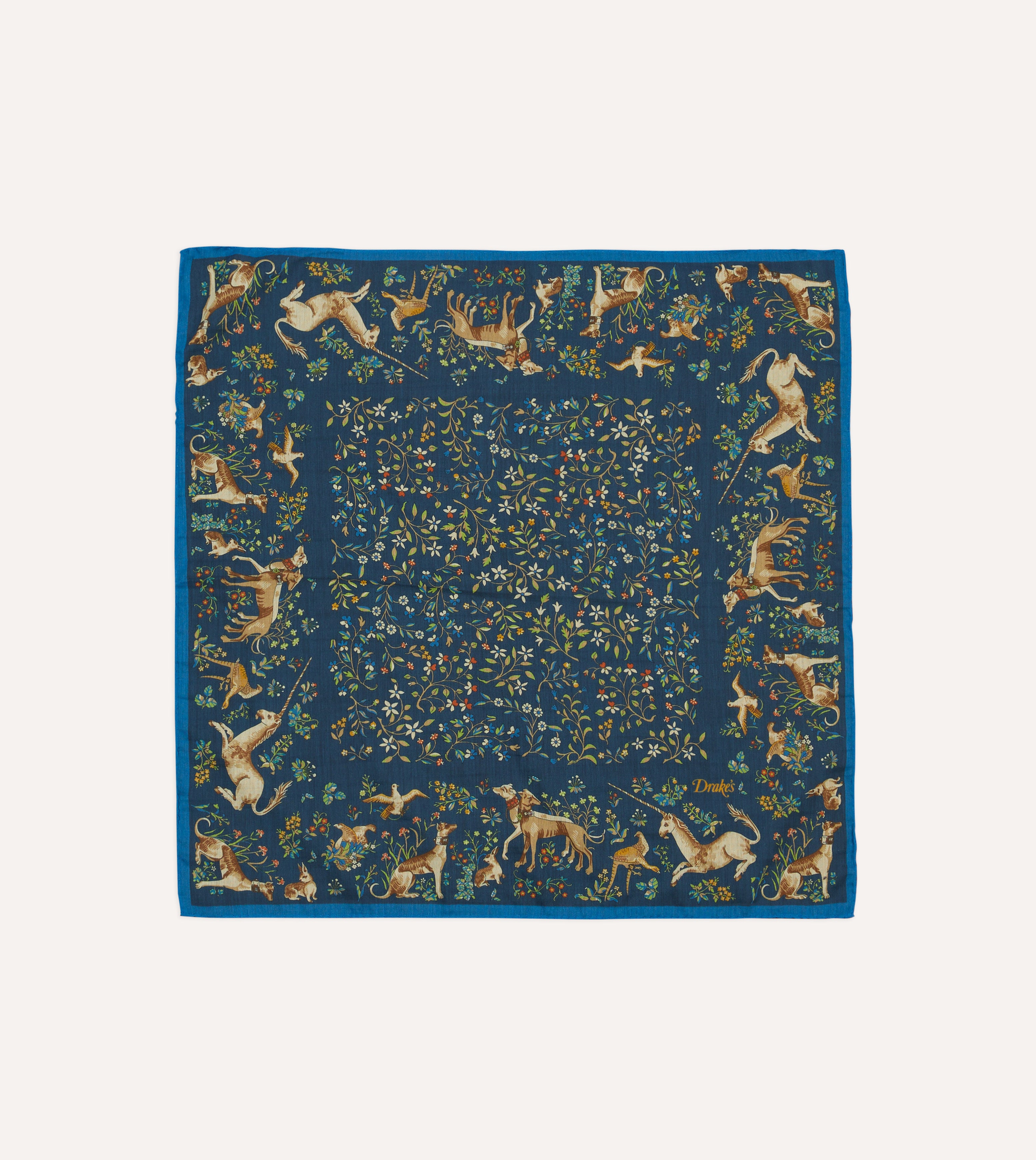 Blue and Navy Unicorn Garden Print Cotton-Silk Pocket Square