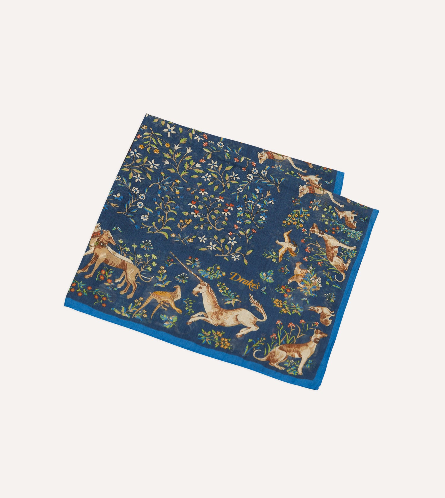 Blue and Navy Unicorn Garden Print Cotton-Silk Pocket Square