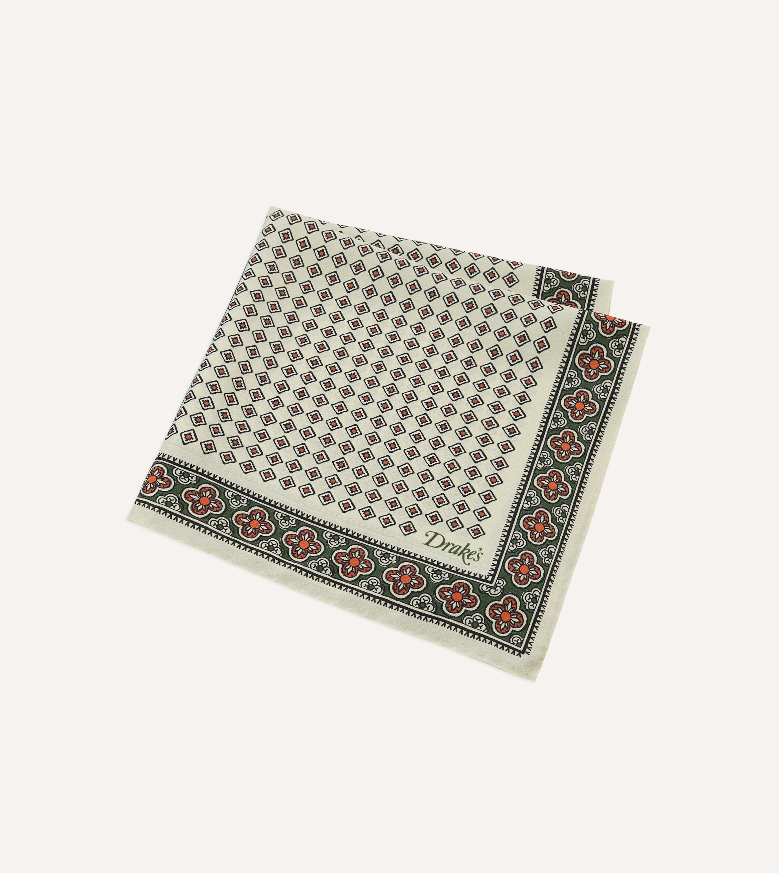 Ecru Vintage Tile Print Silk Pocket Square