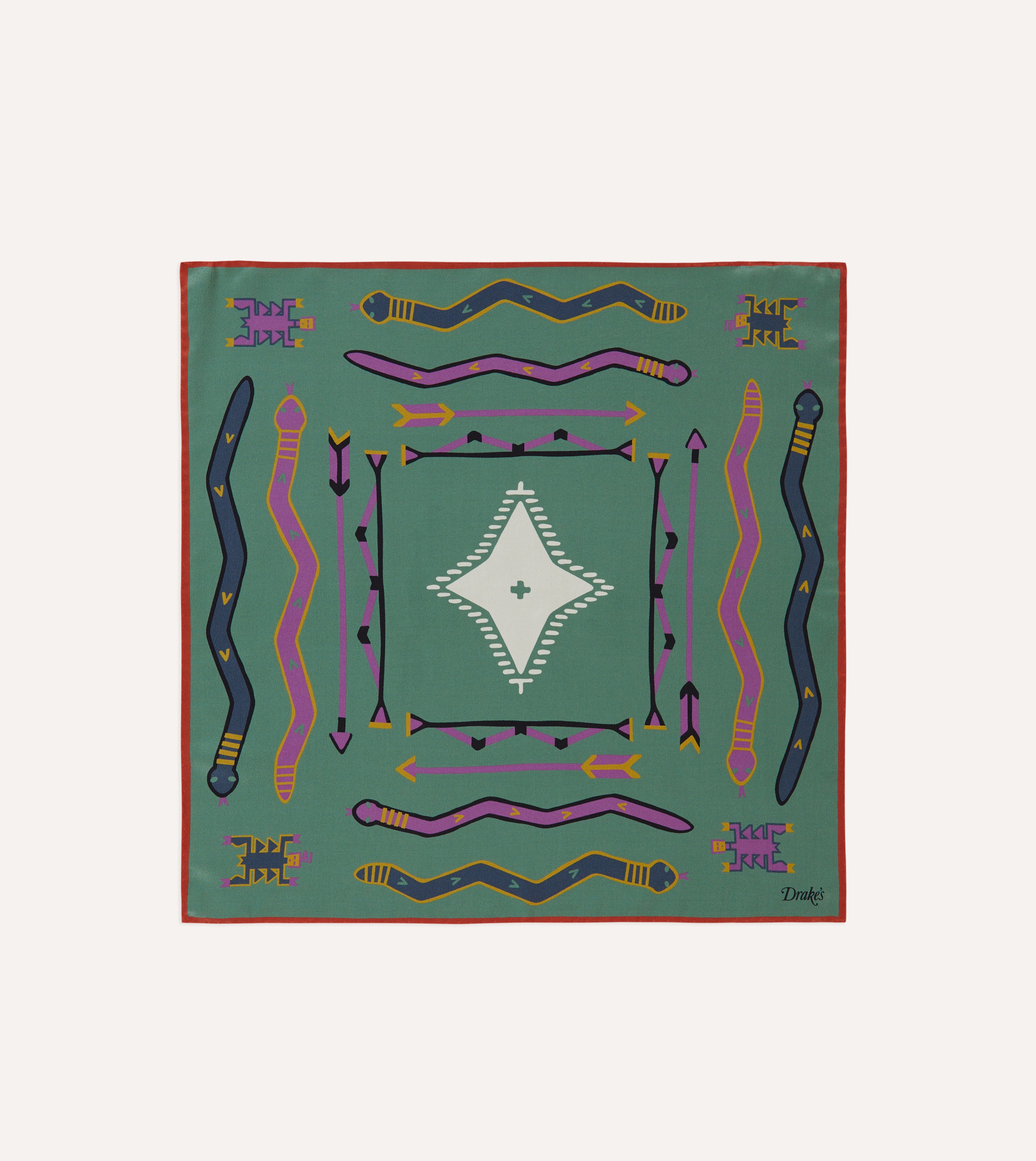 Olive and Rust Tribal Print Silk Pocket Square