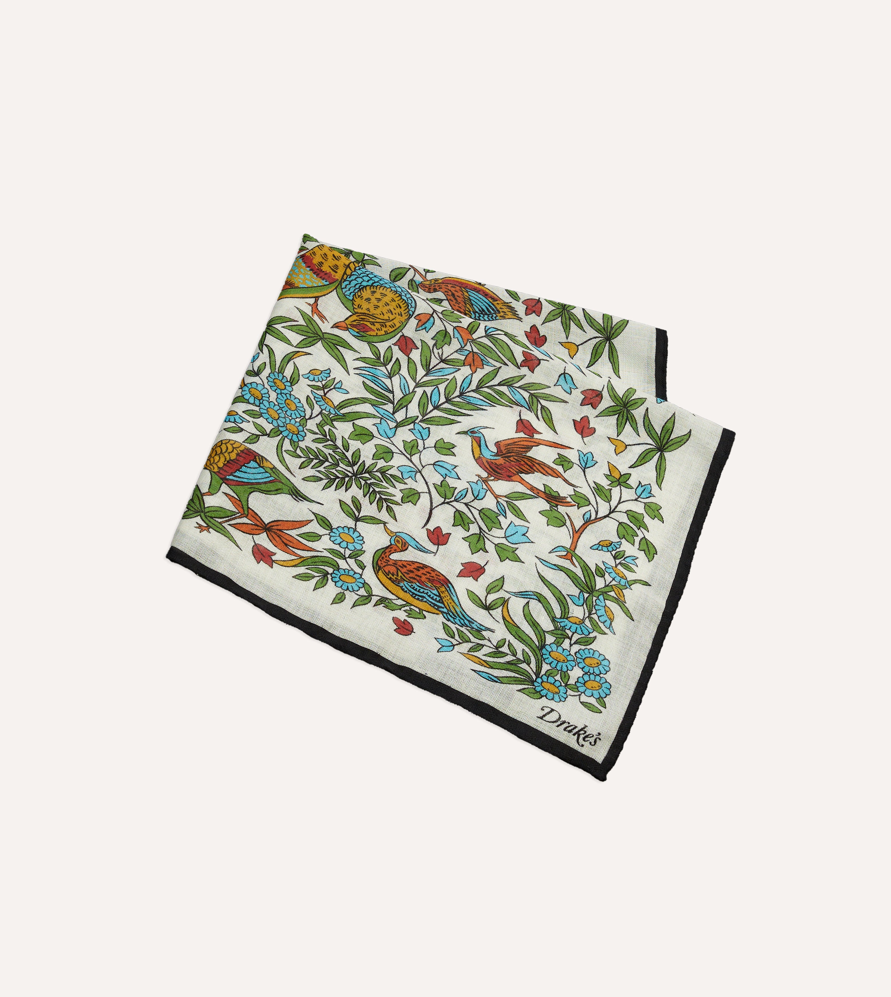 Ecru Birds of Paradise Print Wool-Silk Pocket Square