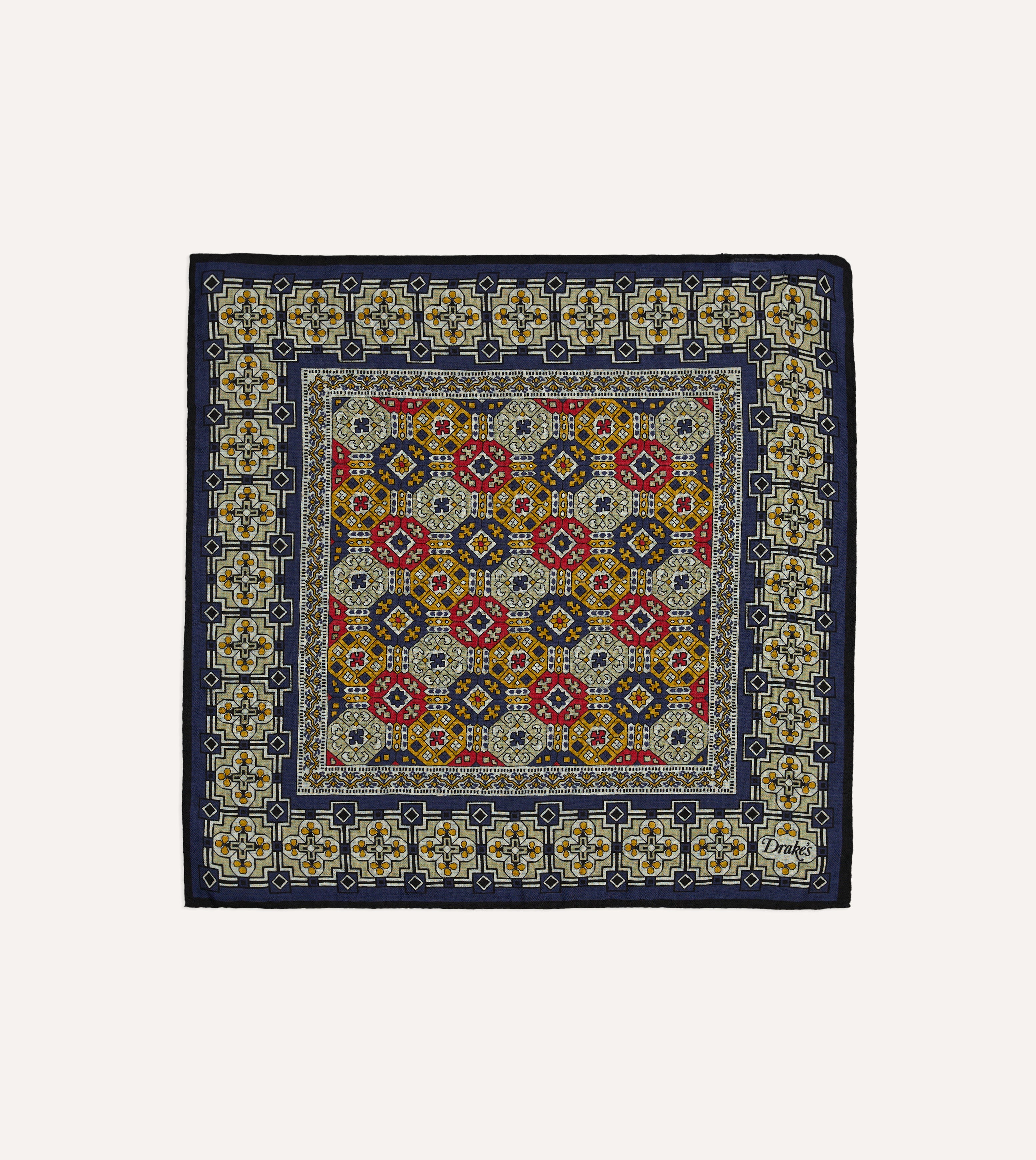 Navy Geometric Tapestry Print Wool-Silk Pocket Square