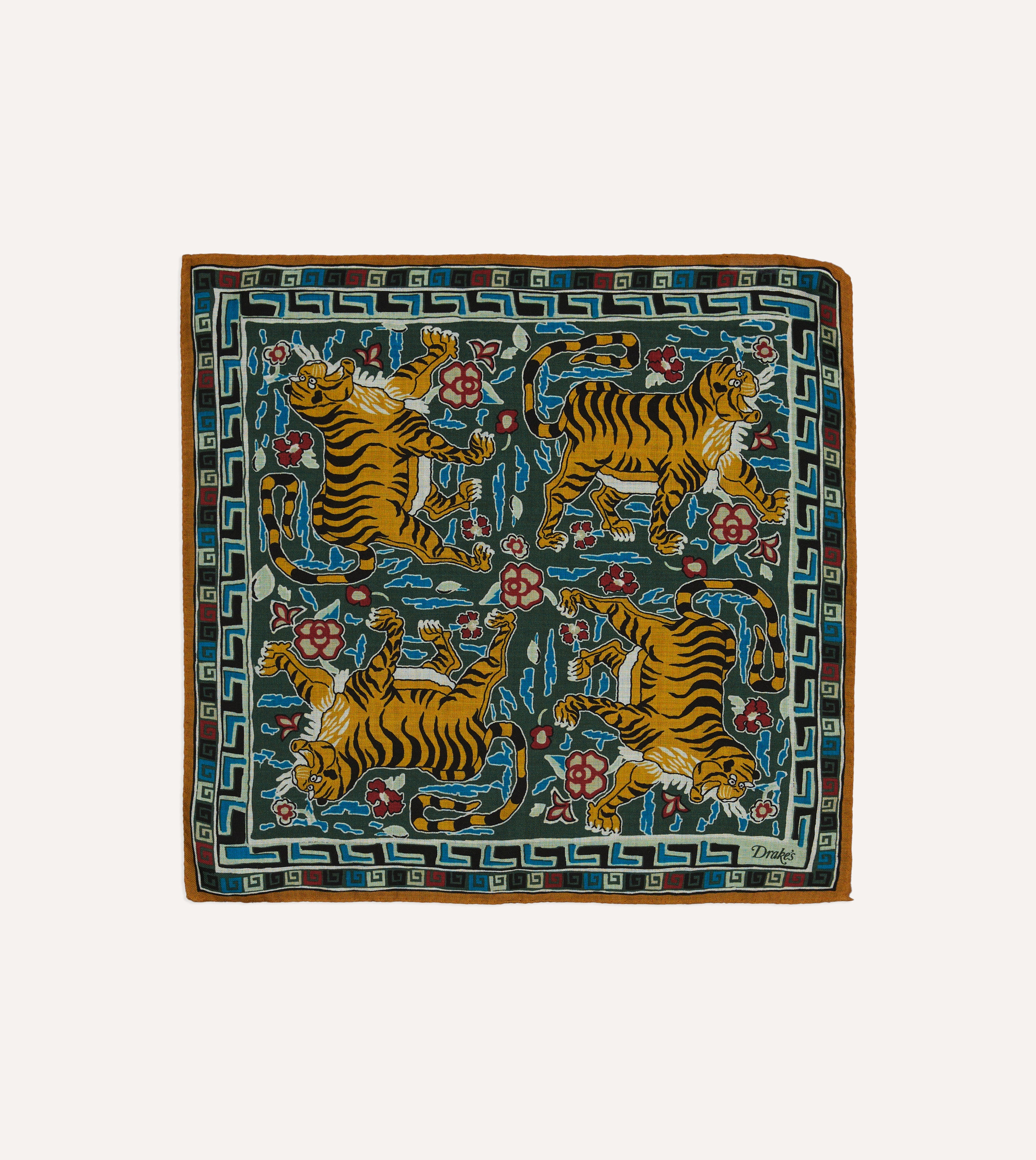 Green Tiger Motif Print Wool-Silk Pocket Square