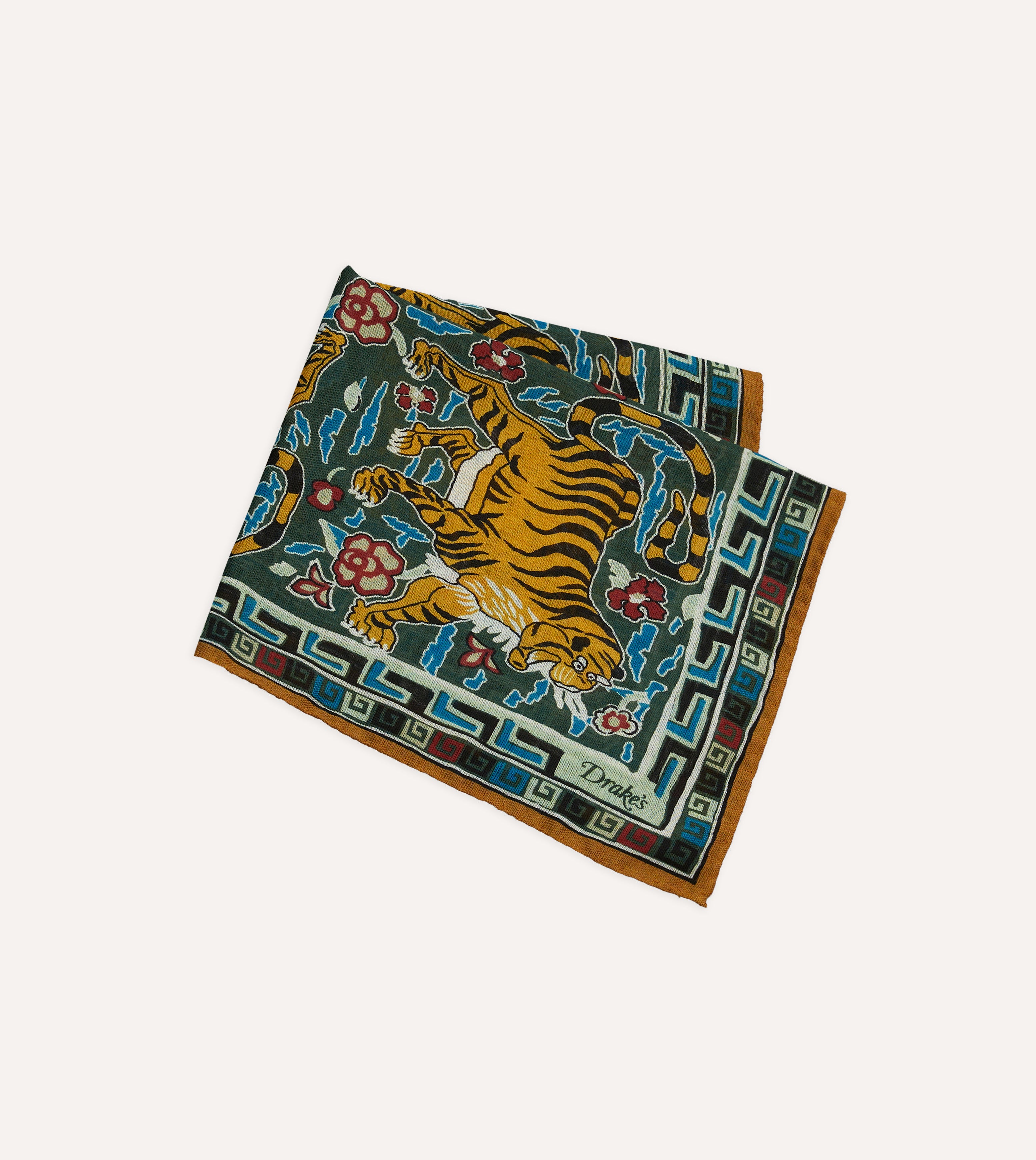 Green Tiger Motif Print Wool-Silk Pocket Square