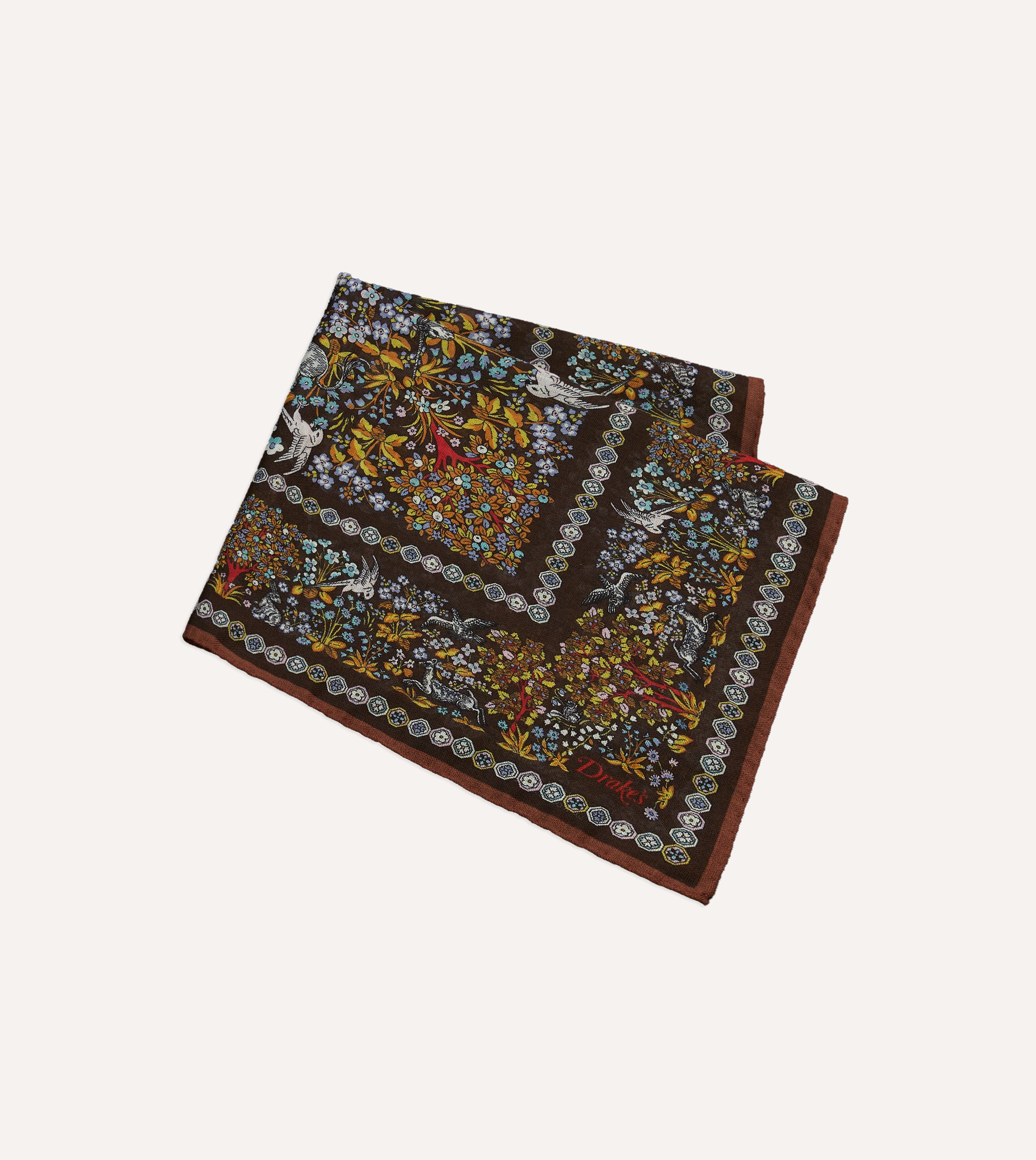 Blue Floral Unicorn Print Wool-Silk Pocket Square