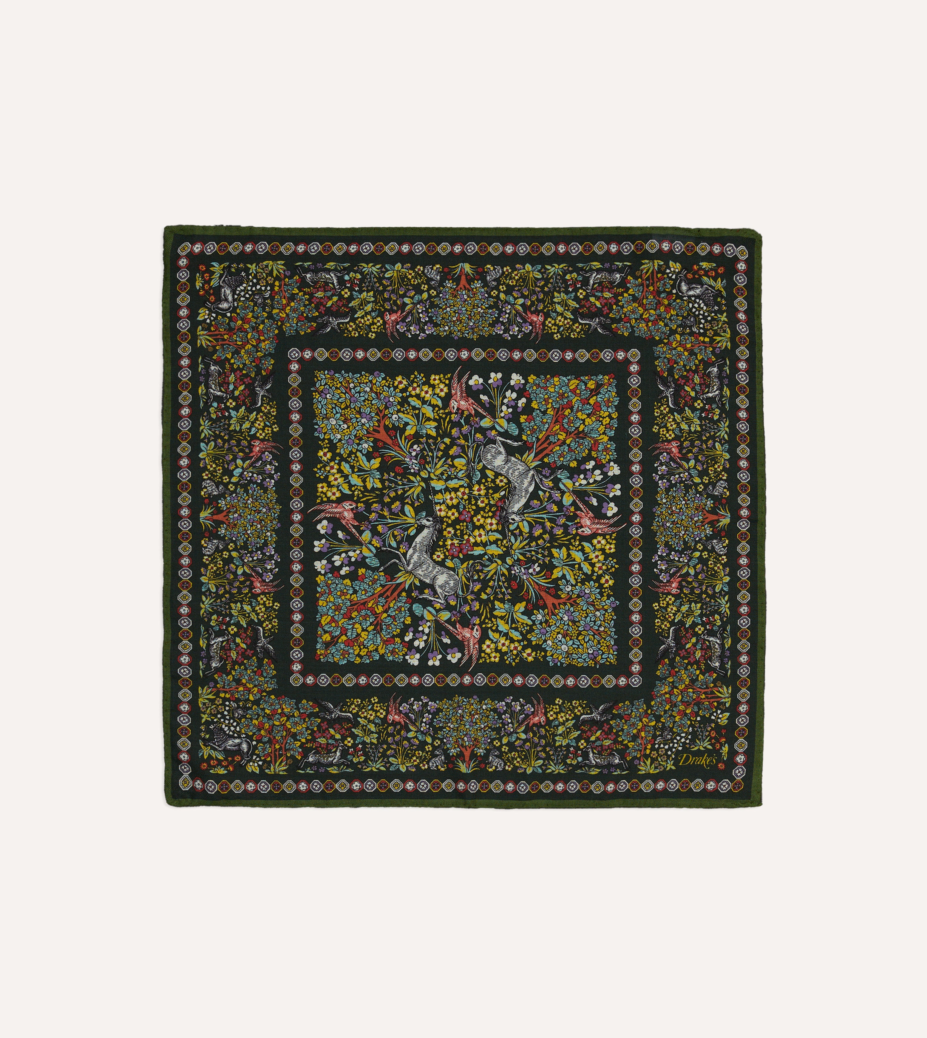 Gold Floral Unicorn Print Wool-Silk Pocket Square