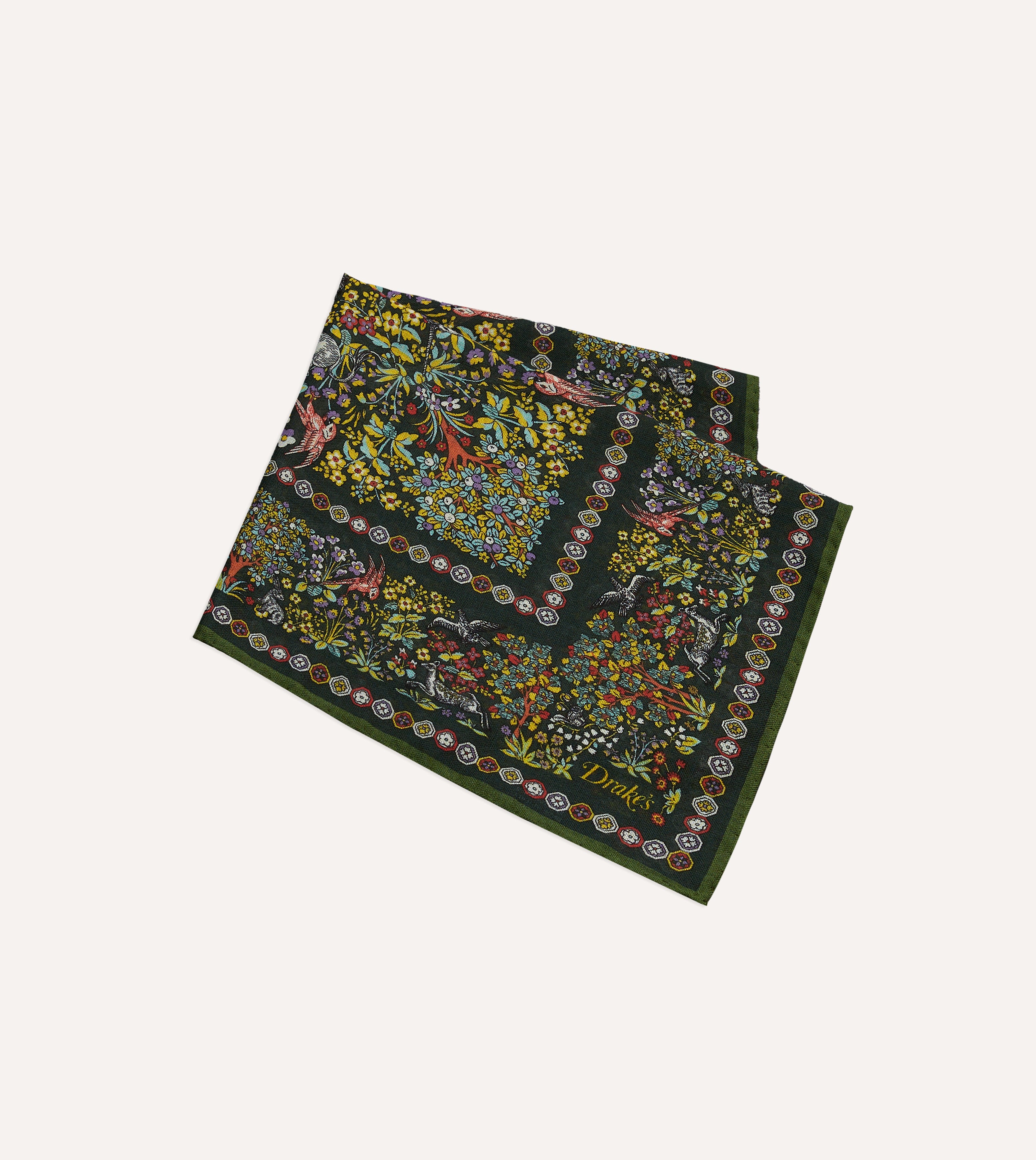 Gold Floral Unicorn Print Wool-Silk Pocket Square