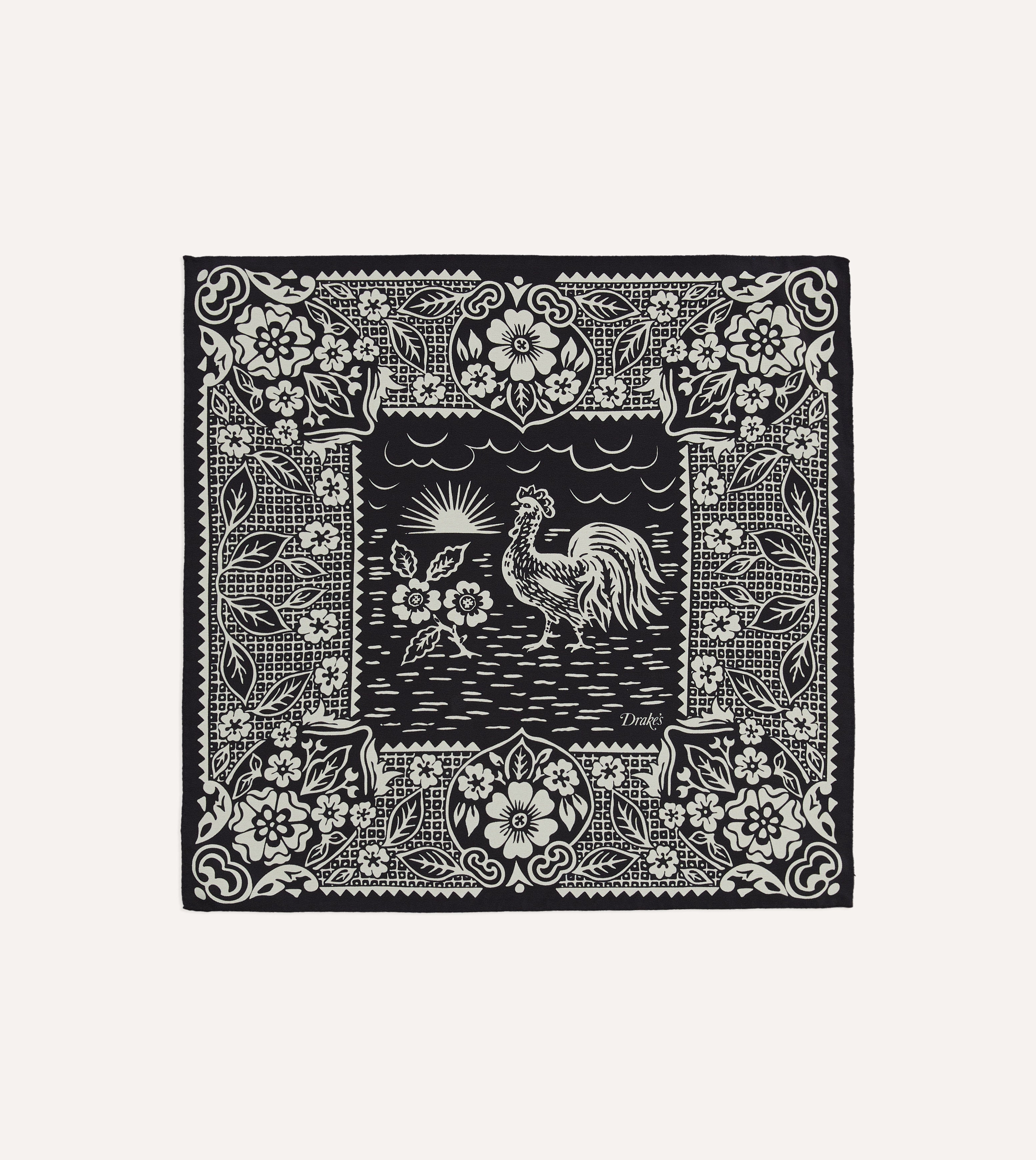 Navy Cockerel Print Silk Pocket Square