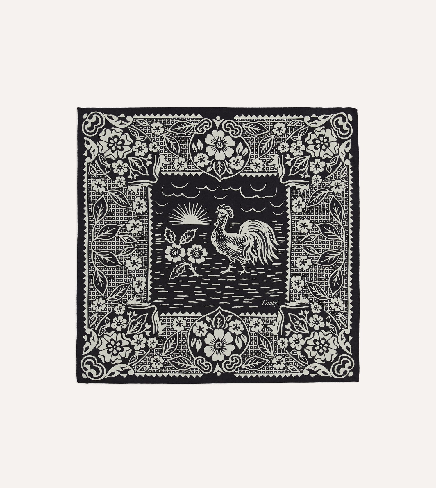 Navy Cockerel Print Silk Pocket Square