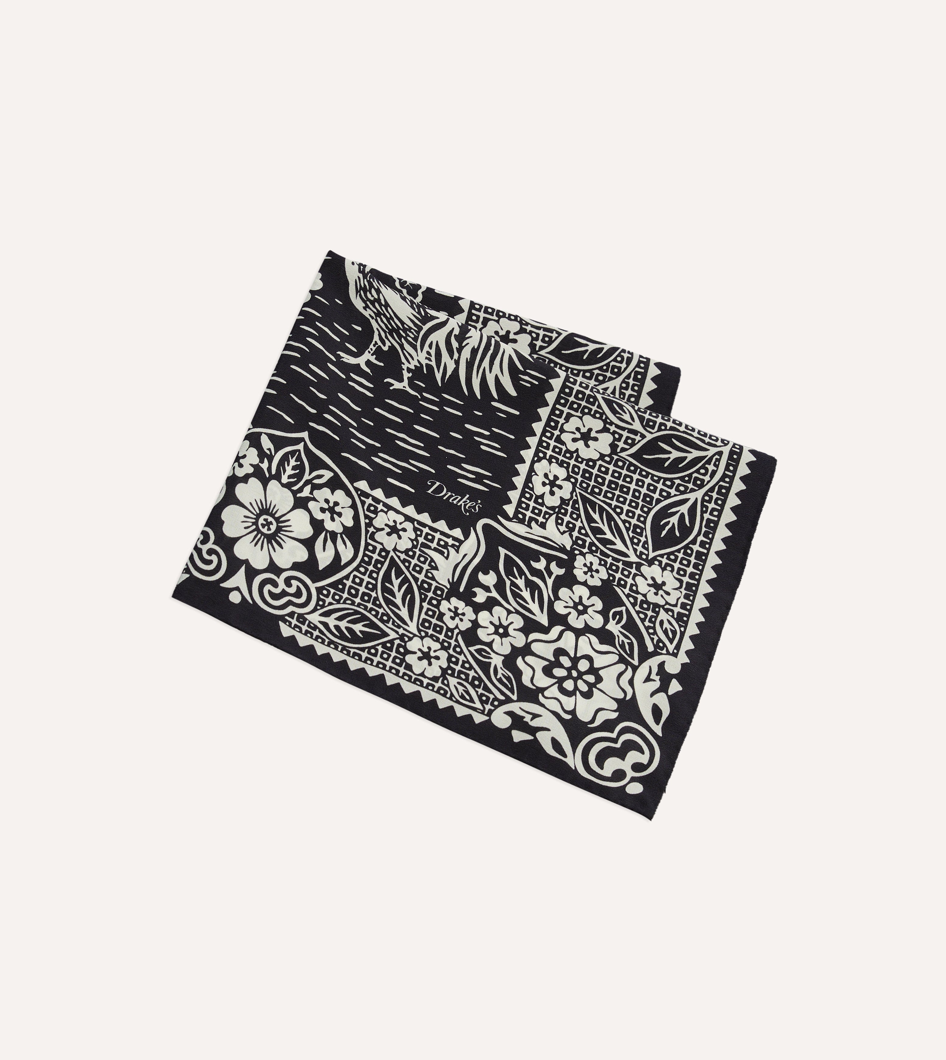 Navy Cockerel Print Silk Pocket Square