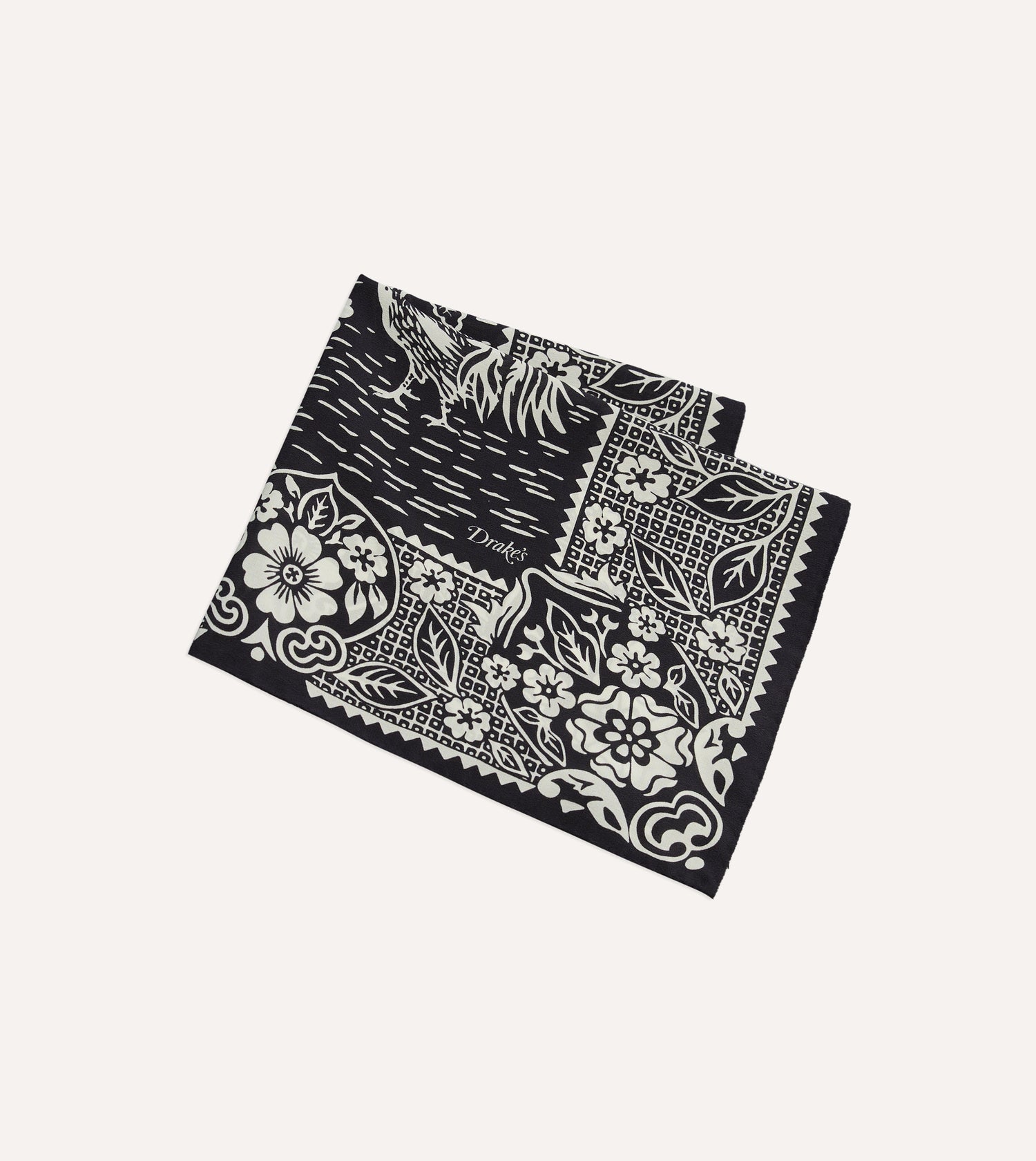 Navy Cockerel Print Silk Pocket Square