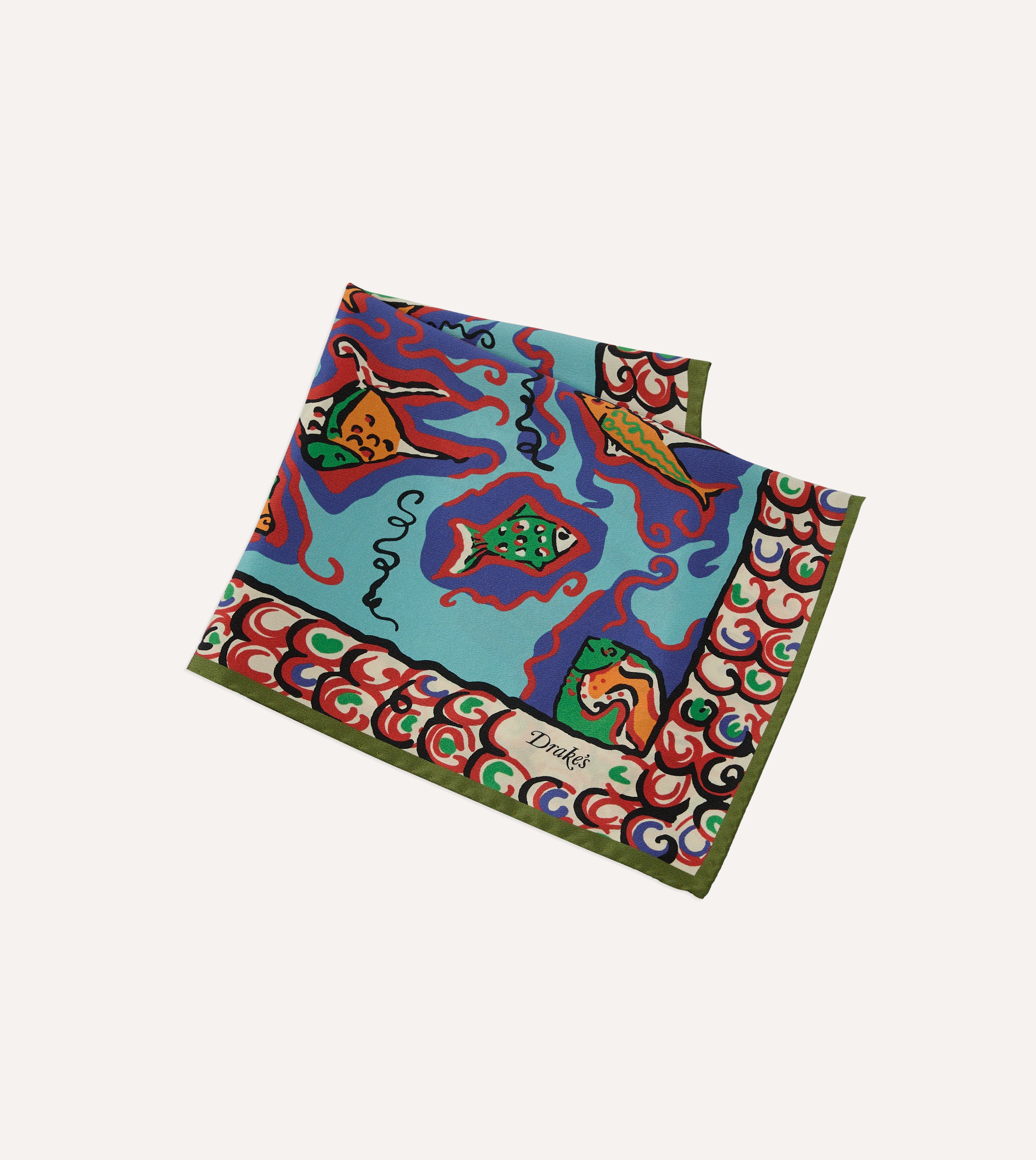 Teal Fish Print Silk Pocket Square