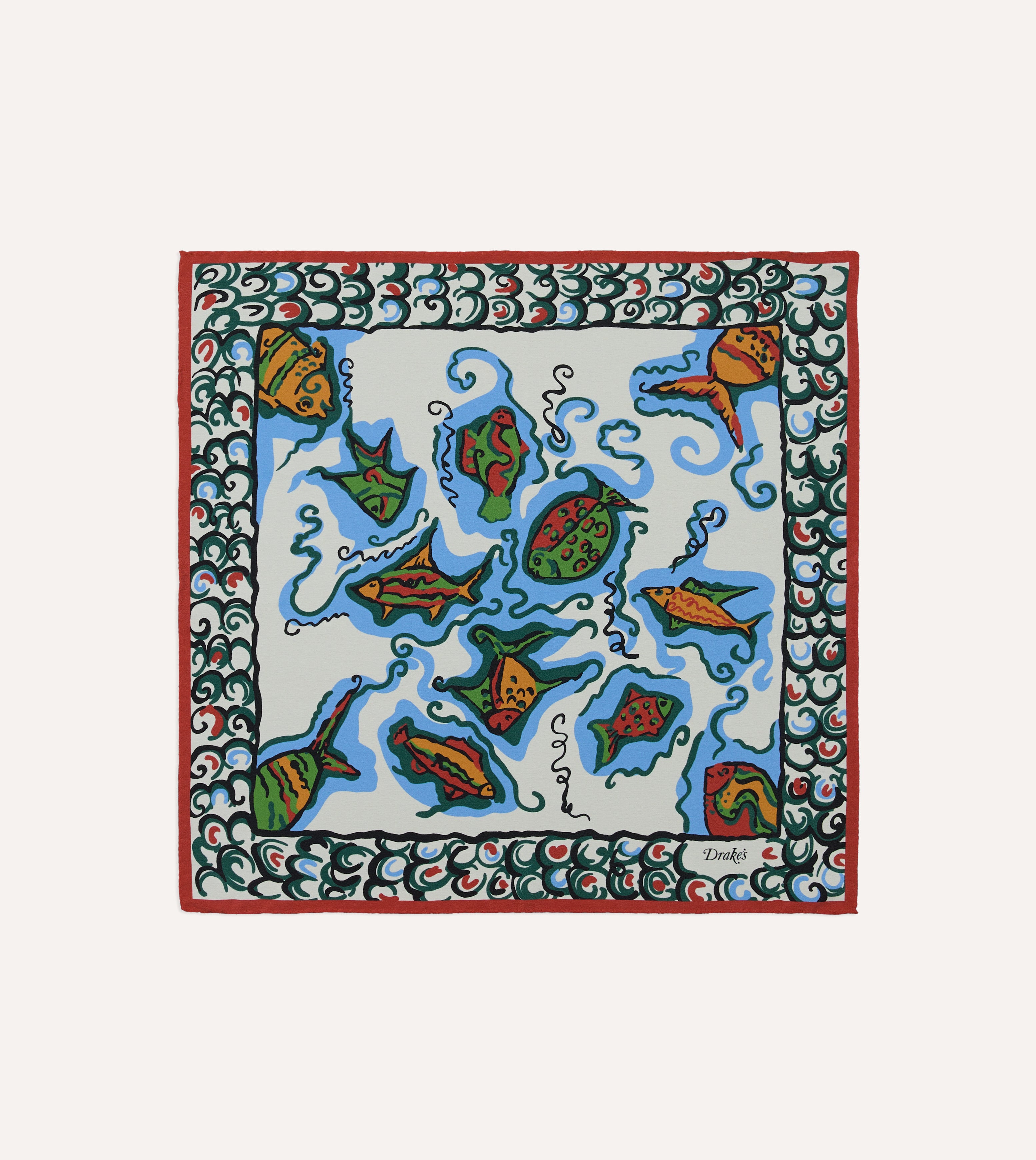 Ecru Fish Print Silk Pocket Square