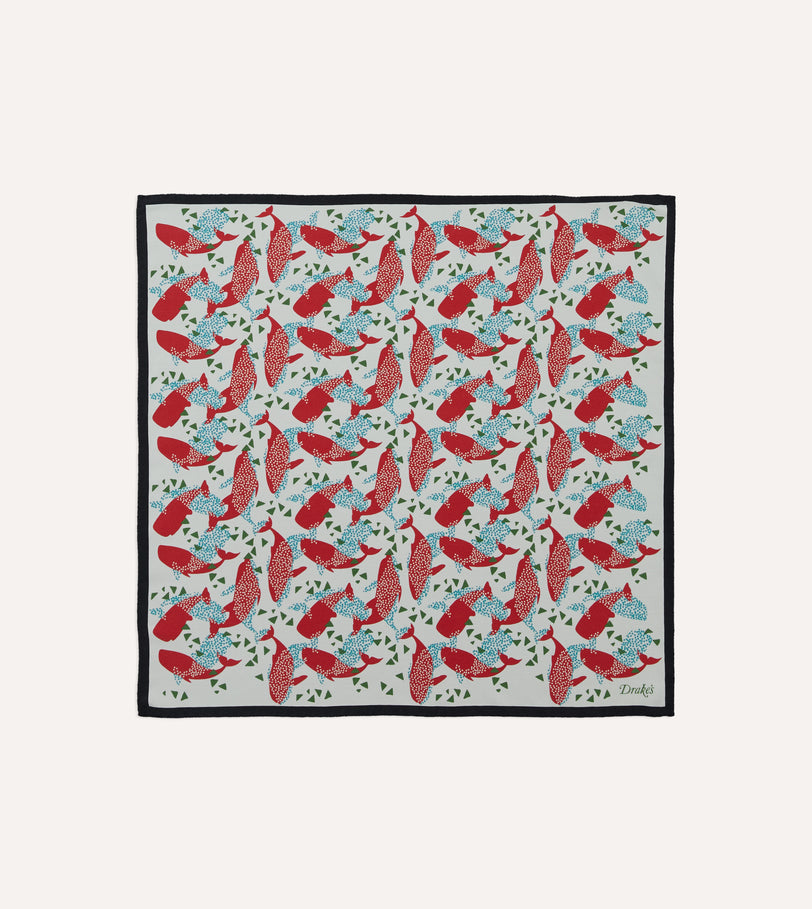 Ecru Whale Print Silk Pocket Square