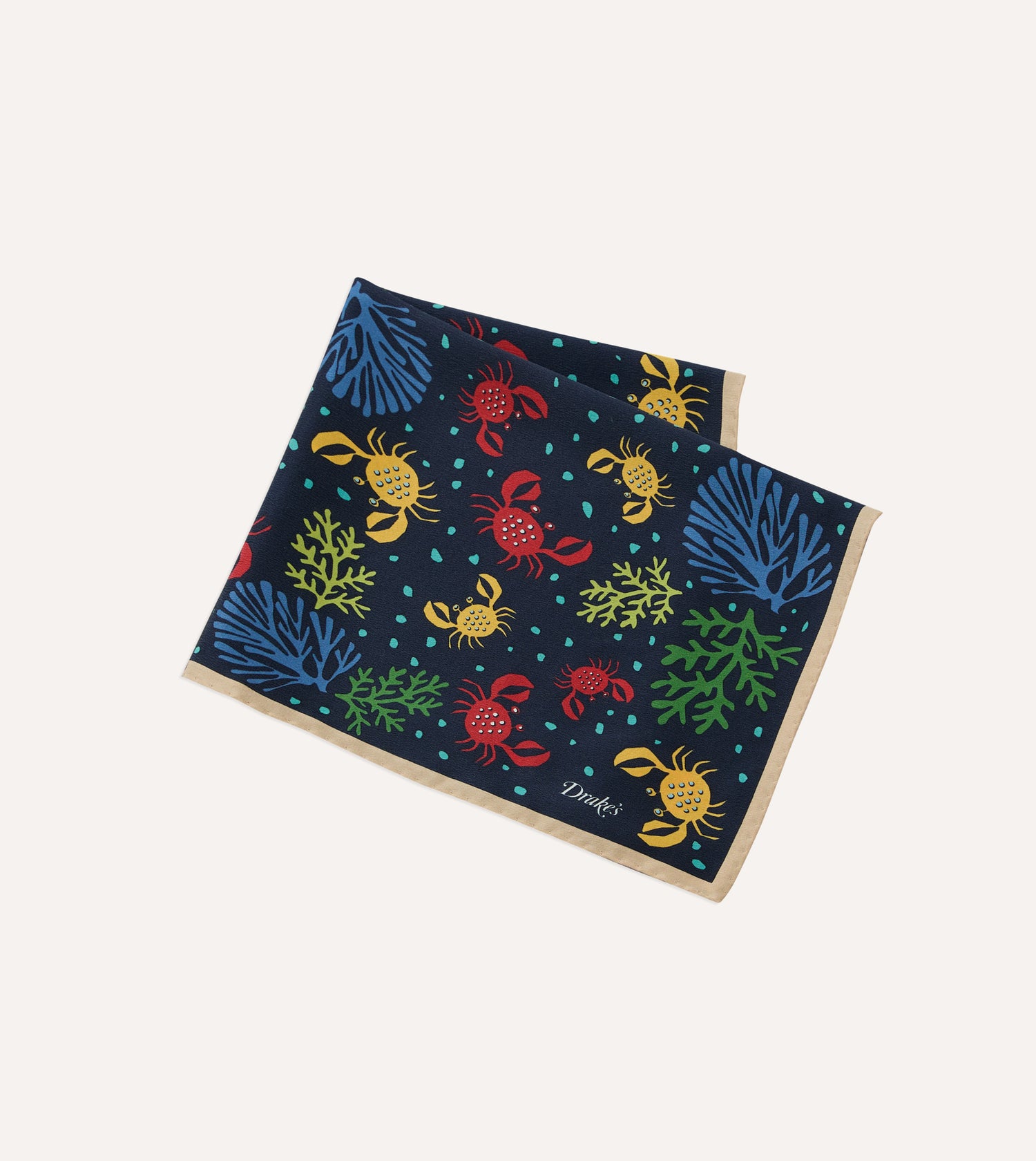 Navy Crab Print Silk Pocket Square
