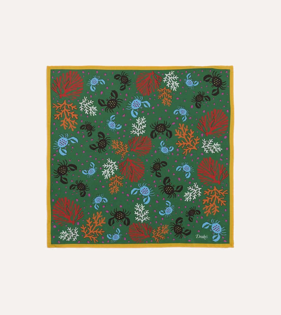 Green Crab Print Silk Pocket Square