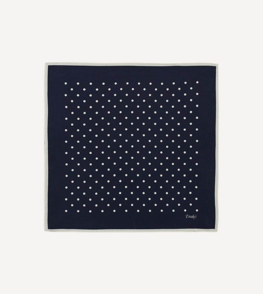 Navy Polka Dot Print Silk Pocket Square