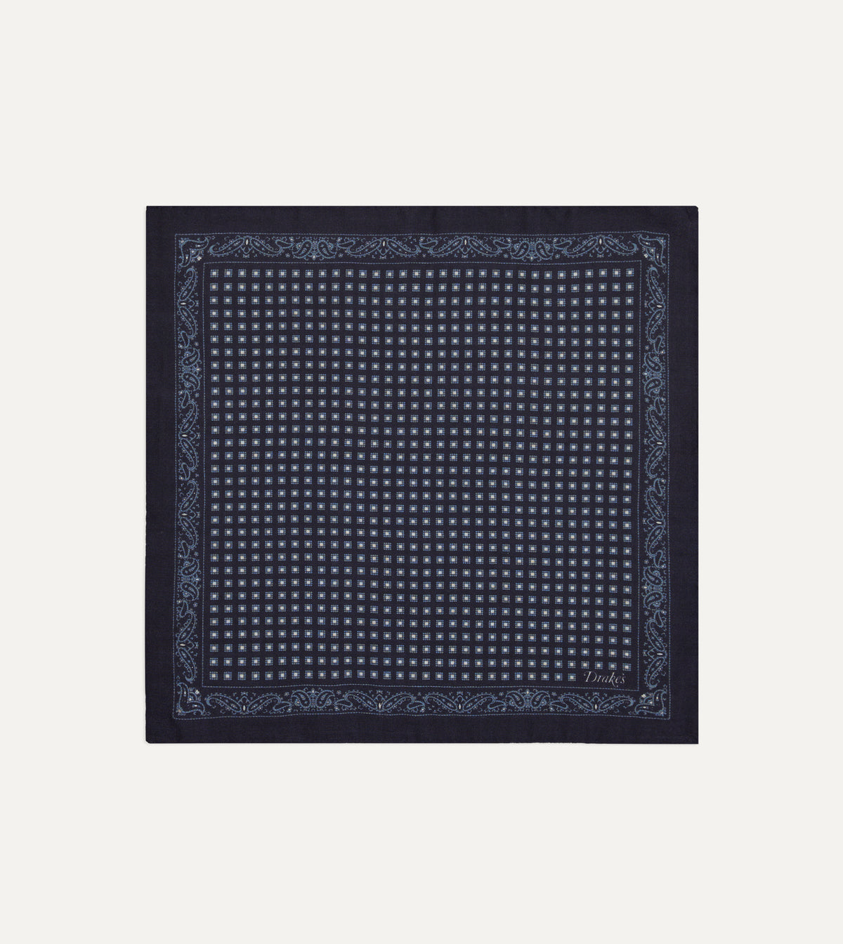 Navy Paisley Border Medallion Print Wool-Silk Pocket Square